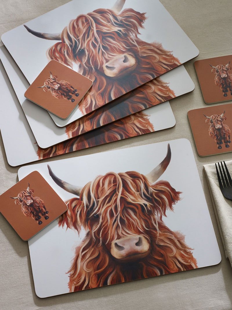 Hamish Highland Cow corkback placemat and coaster set natural UK version