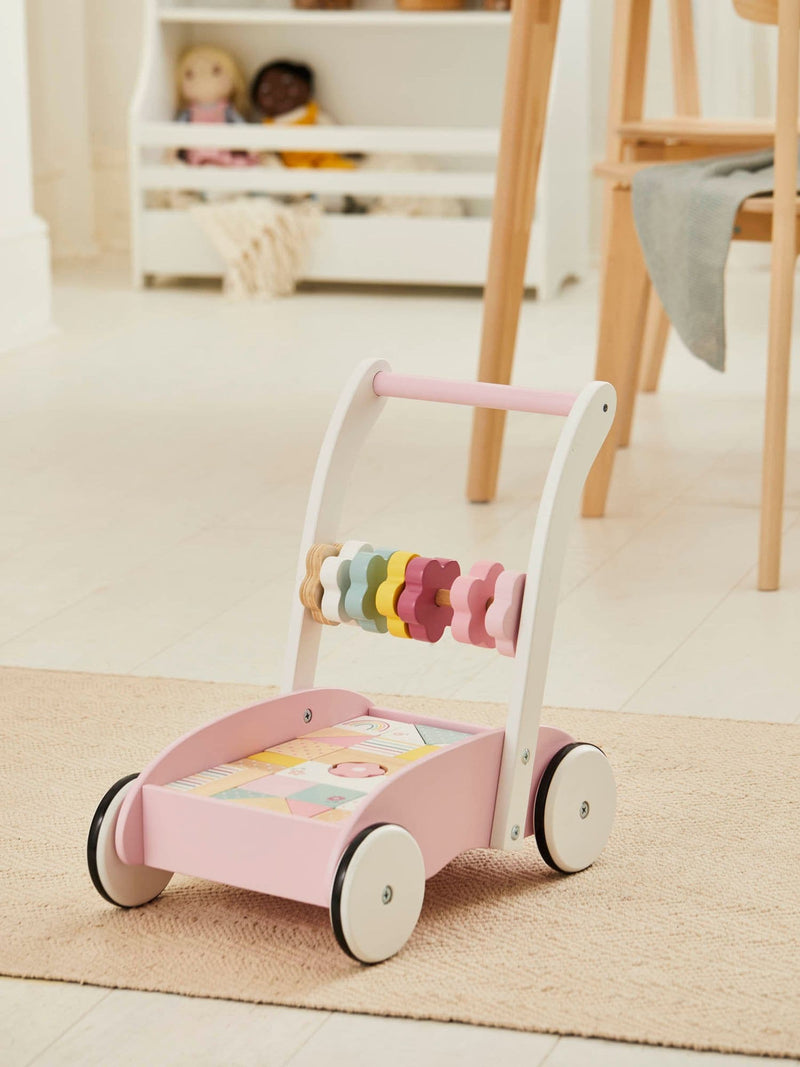 JoJo Maman Bébé pinker Holz-Lauflernwagen mit bunten Bausteinen, UK-Version