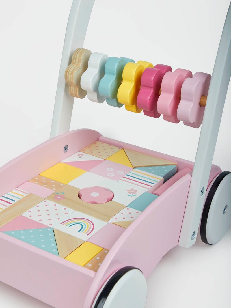 JoJo Maman Bébé pinker Holz-Lauflernwagen mit bunten Bausteinen, UK-Version