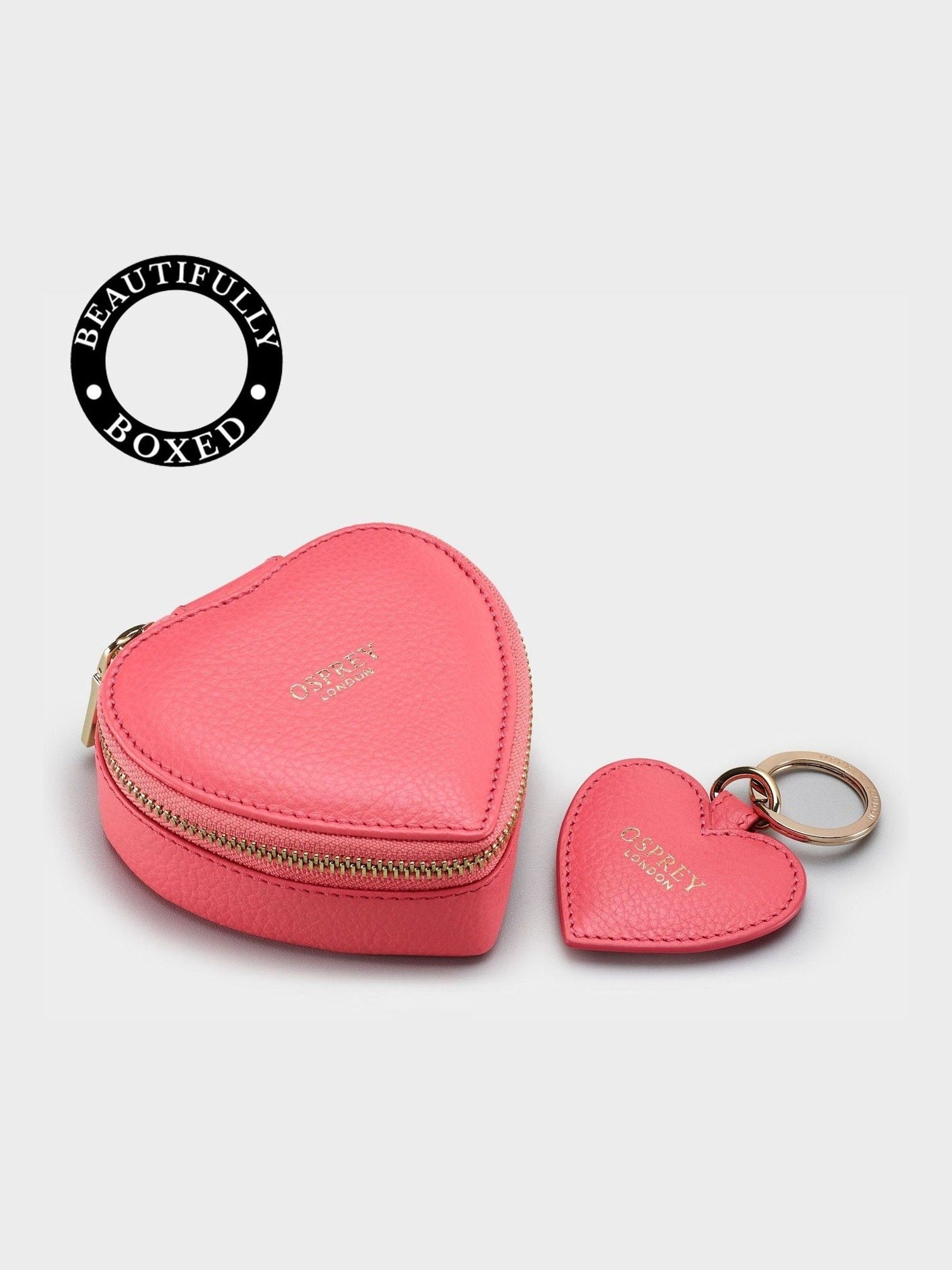 Osprey London guava pink leather heart trinket box and keyring set, UK version