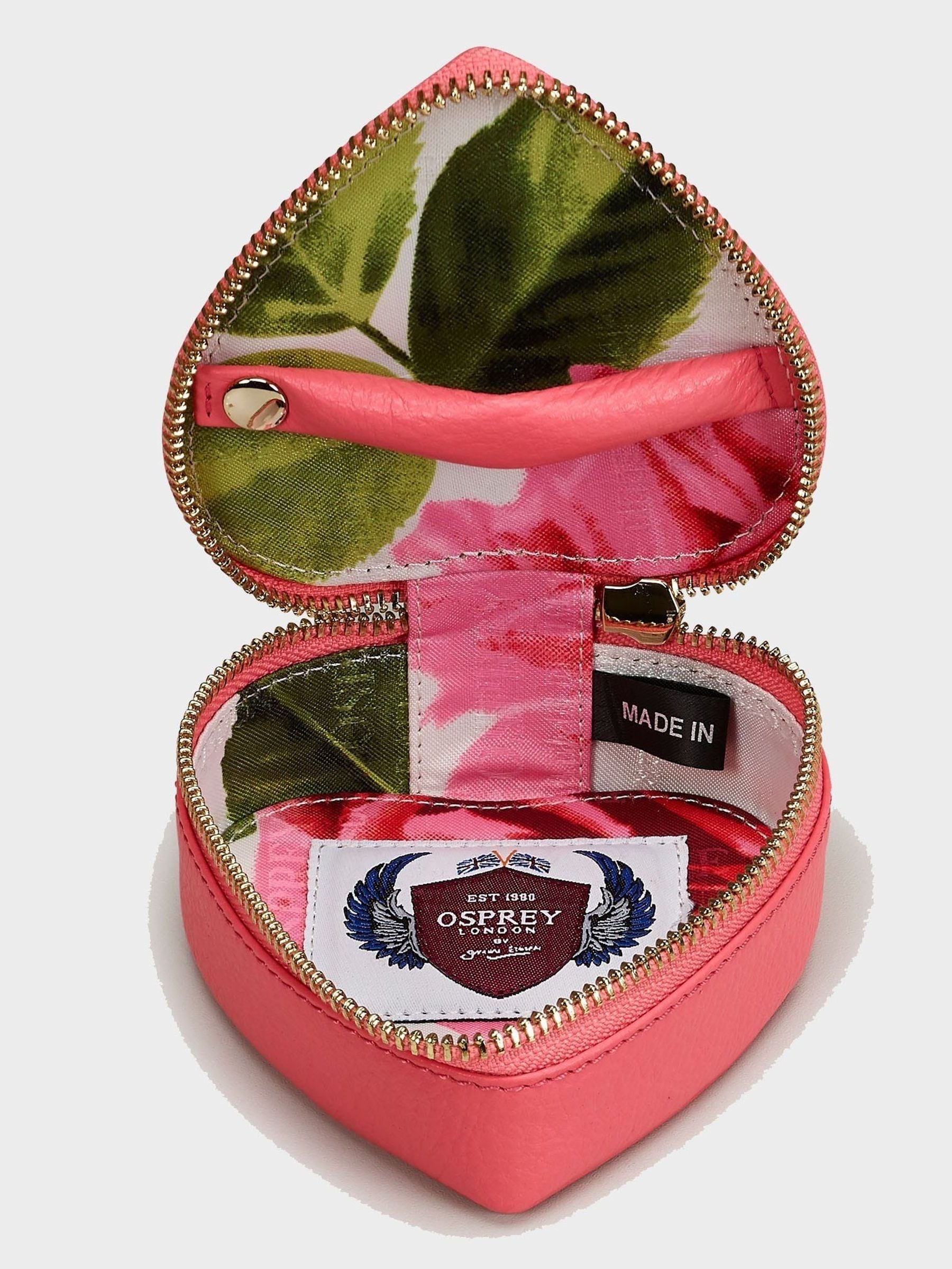 Osprey London guava pink leather heart trinket box and keyring set, UK version