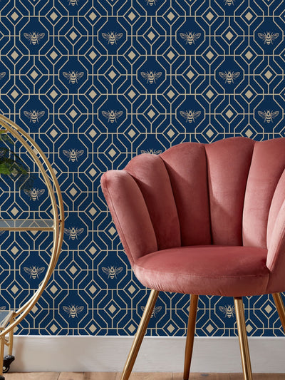 Next Furn Sark Blue Bee Deco Geometric Foiled Wallpaper- Buy online at McGrocer