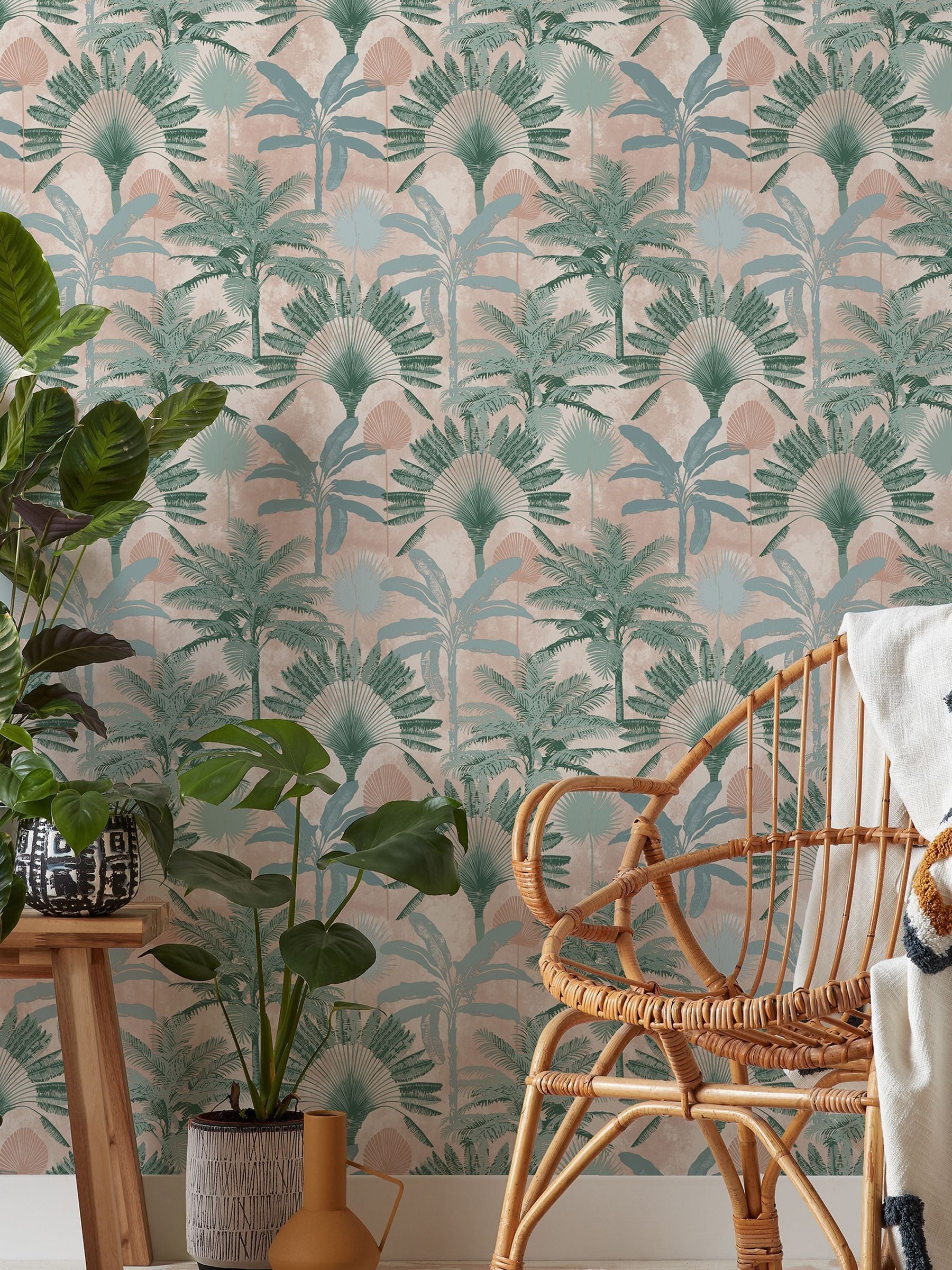 Furn Blush Pink/Green Malaysian Palm Tropical Wallpaper