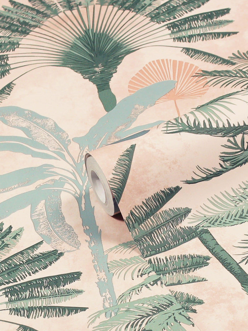Furn Blush Pink/Green Malaysian Palm Tropical Wallpaper