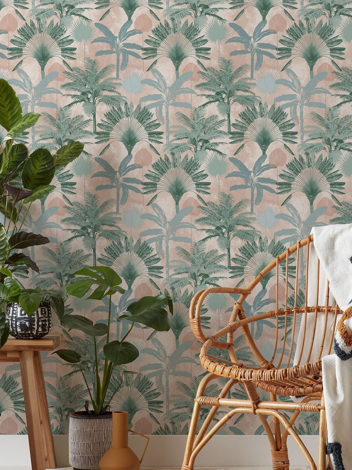 Furn Blush Pink/Green Malaysian Palm Tropical Wallpaper