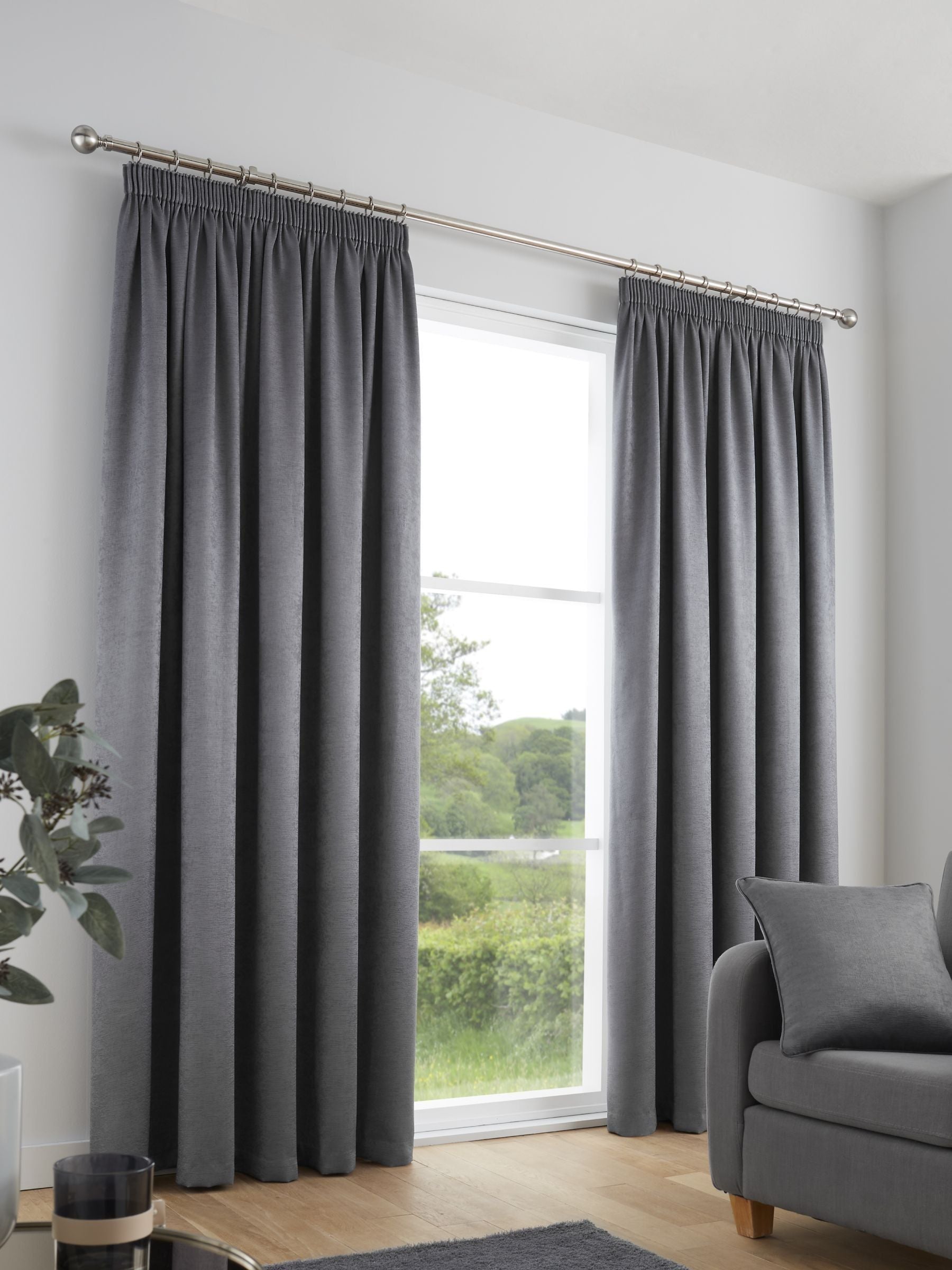 Fusion Charcoal Grey Galaxy room darkening pencil pleat curtains, imported from the UK
