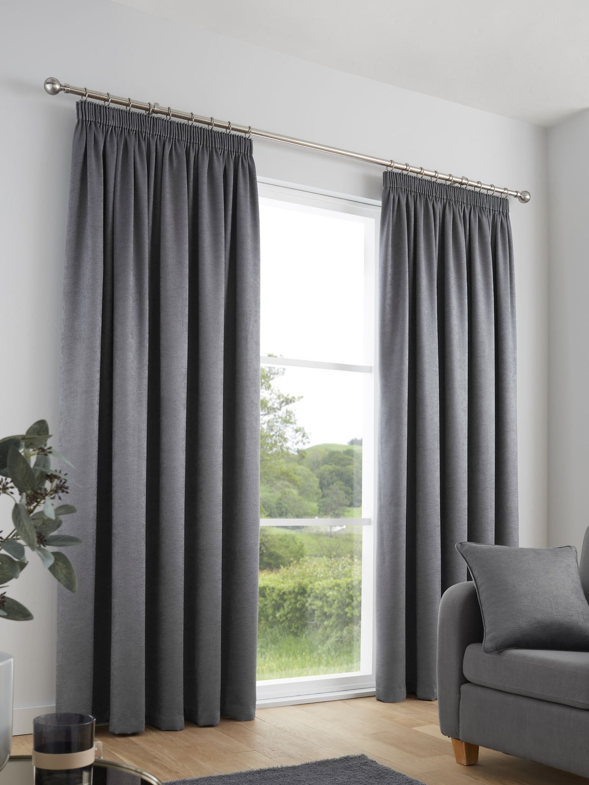 Fusion Charcoal Grey Galaxy room darkening pencil pleat curtains, imported from the UK