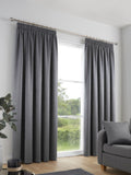 Fusion Charcoal Grey Galaxy room darkening pencil pleat curtains, imported from the UK
