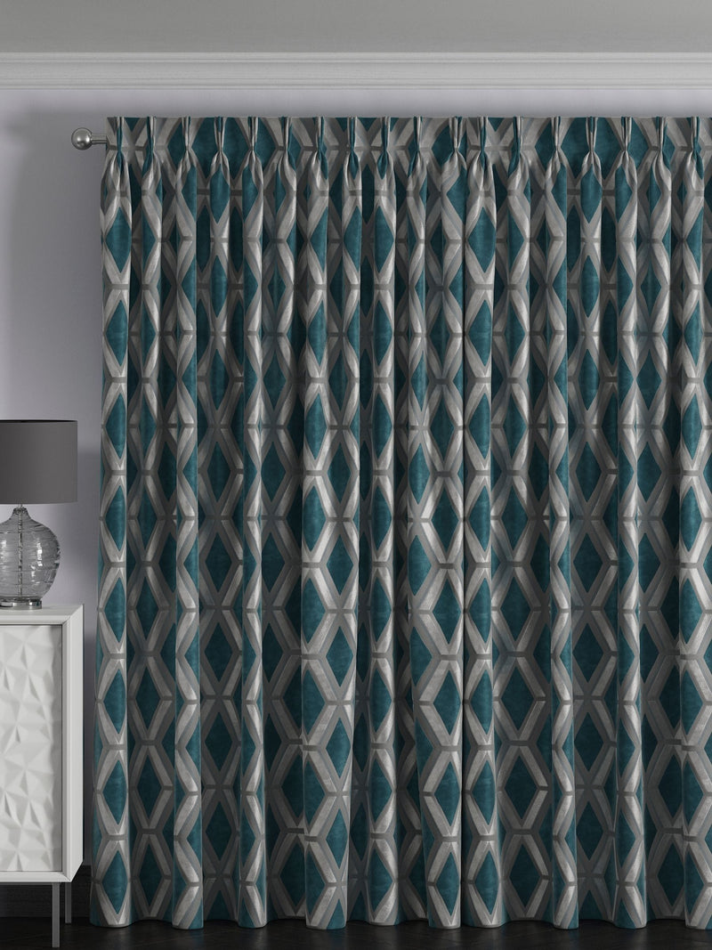 Teal Blue Collection geometric cut velvet made to measure curtains, UK version