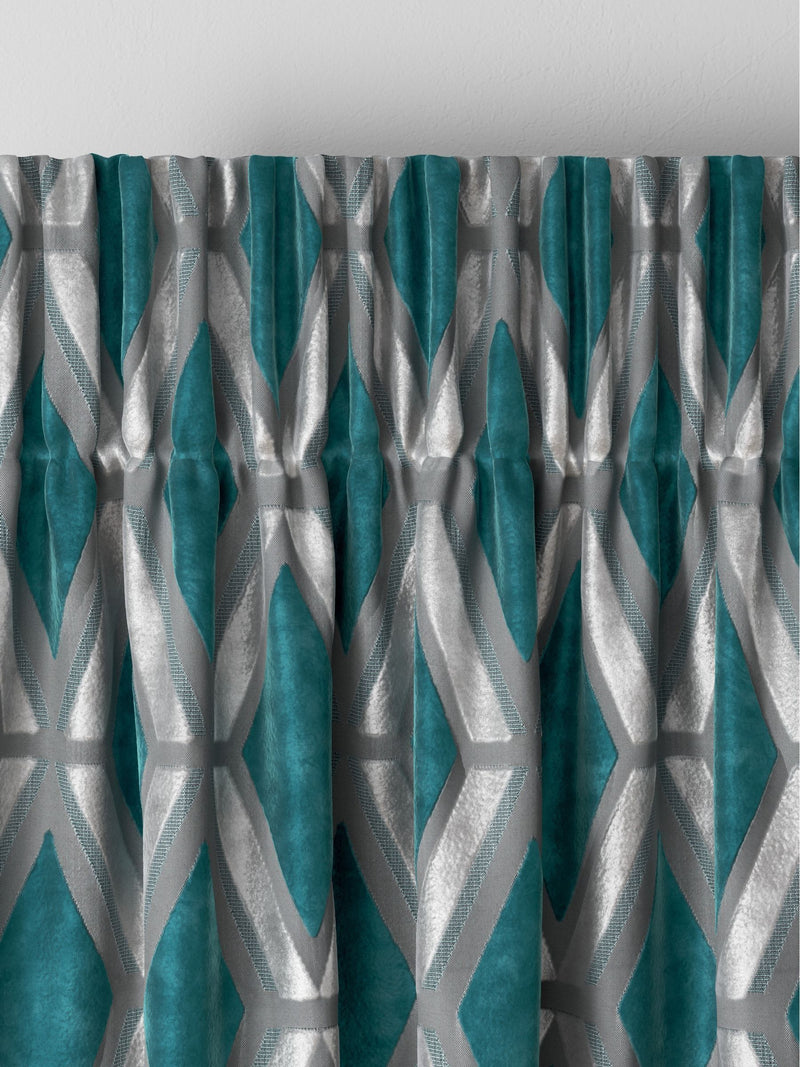 Teal Blue Collection geometric cut velvet made to measure curtains, UK version