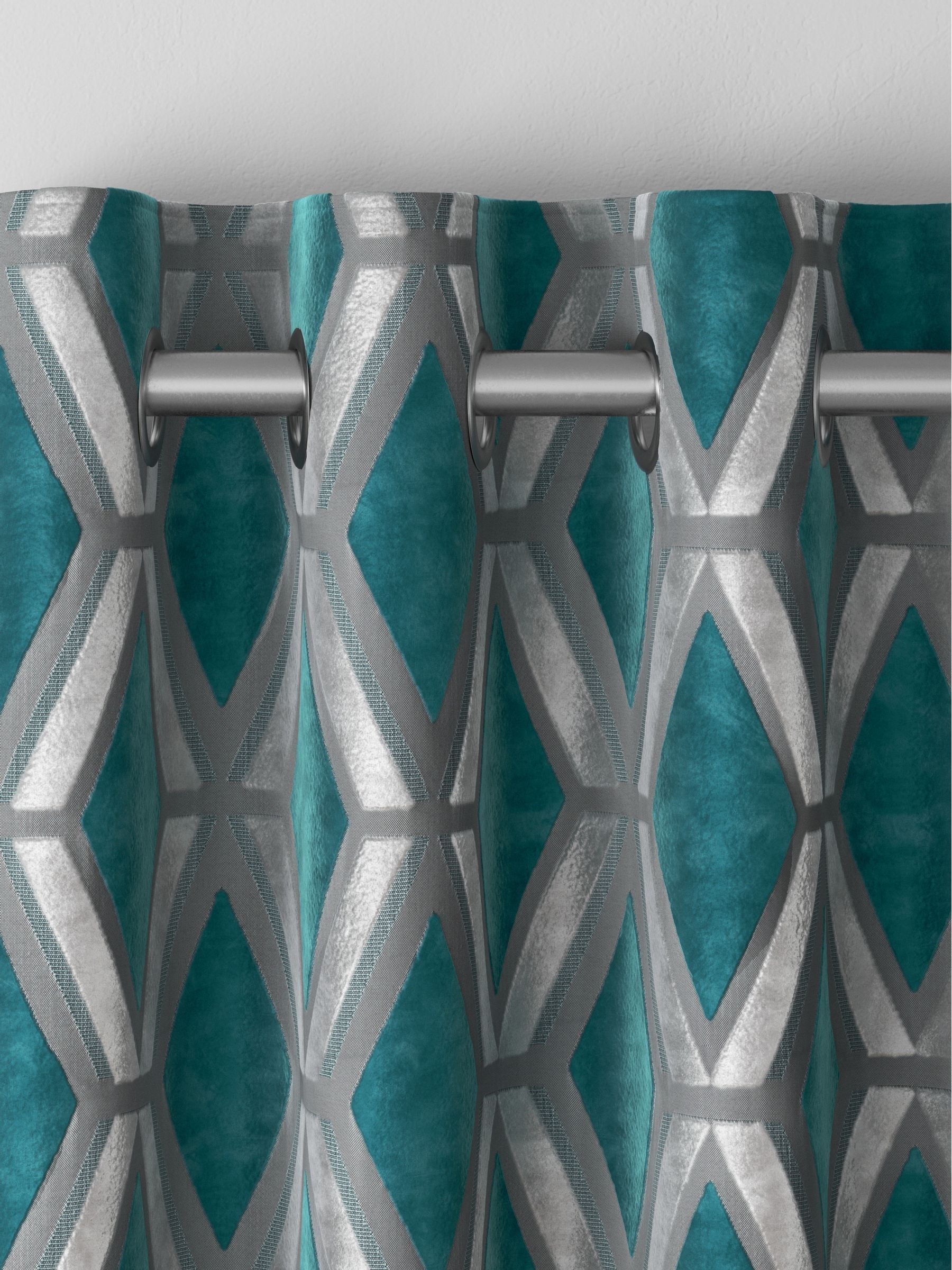 Teal Blue Collection geometric cut velvet made to measure curtains, UK version