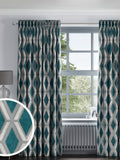 Teal Blue Collection geometric cut velvet made to measure curtains, UK version