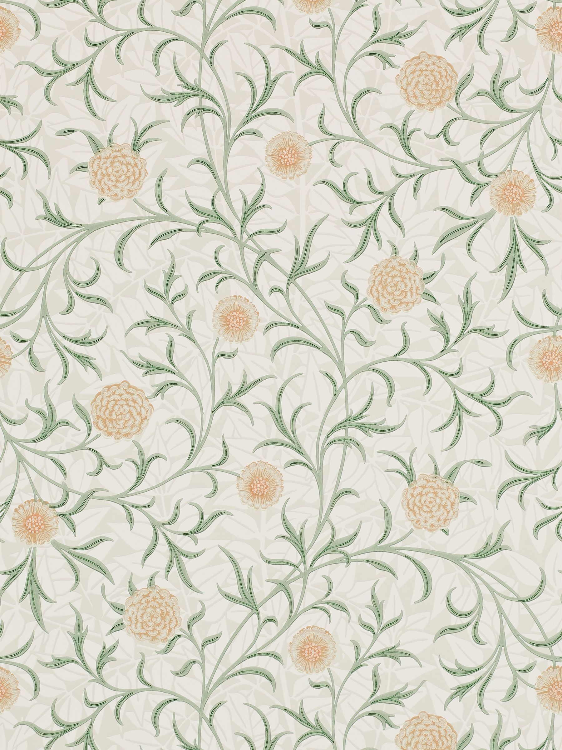 Morris & Co Green Scroll wallpaper with trailing leaves and marigolds (British brand)