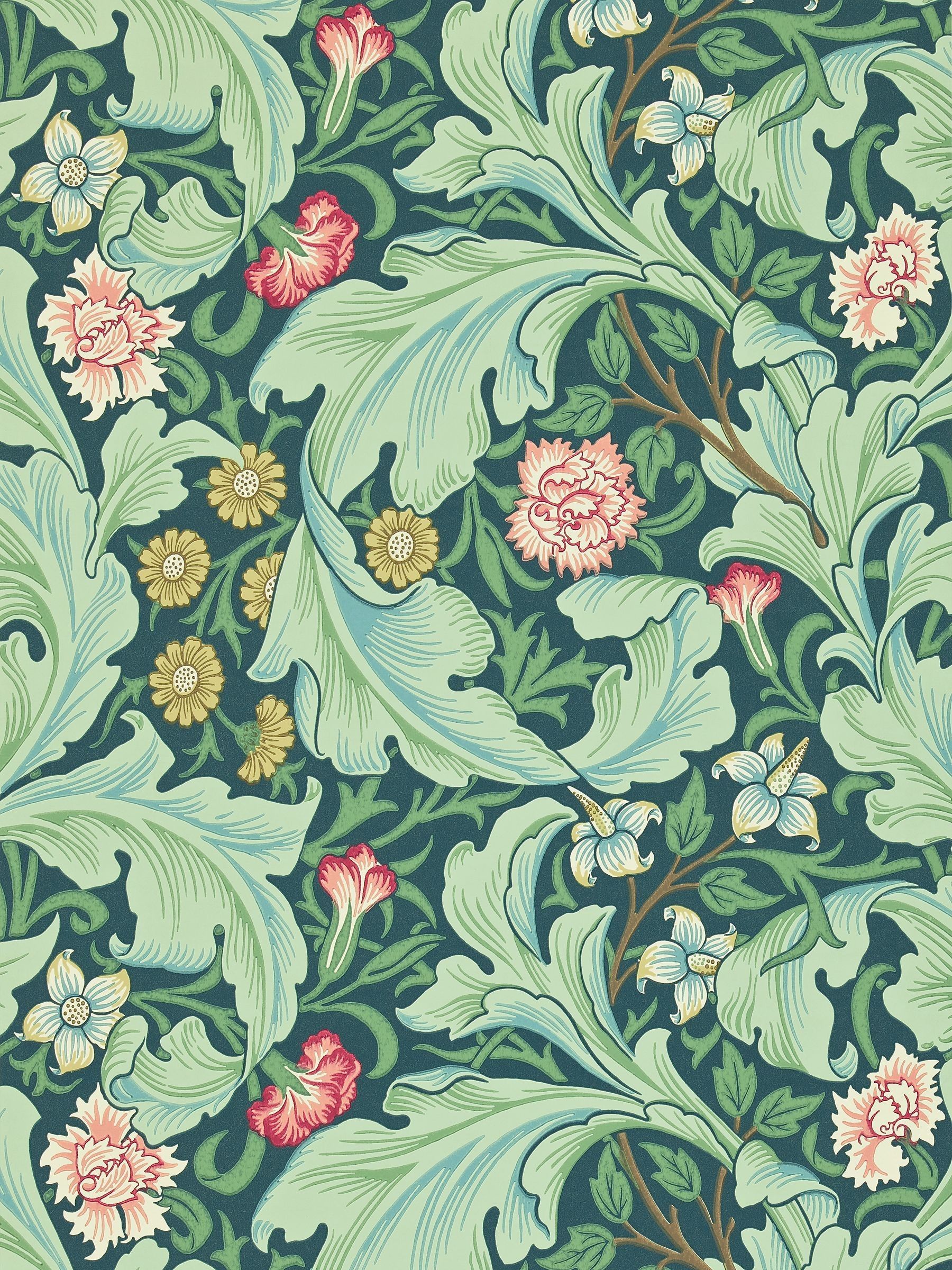Morris & Co. Green Leicester wallpaper with arching leaves and blooms, UK version