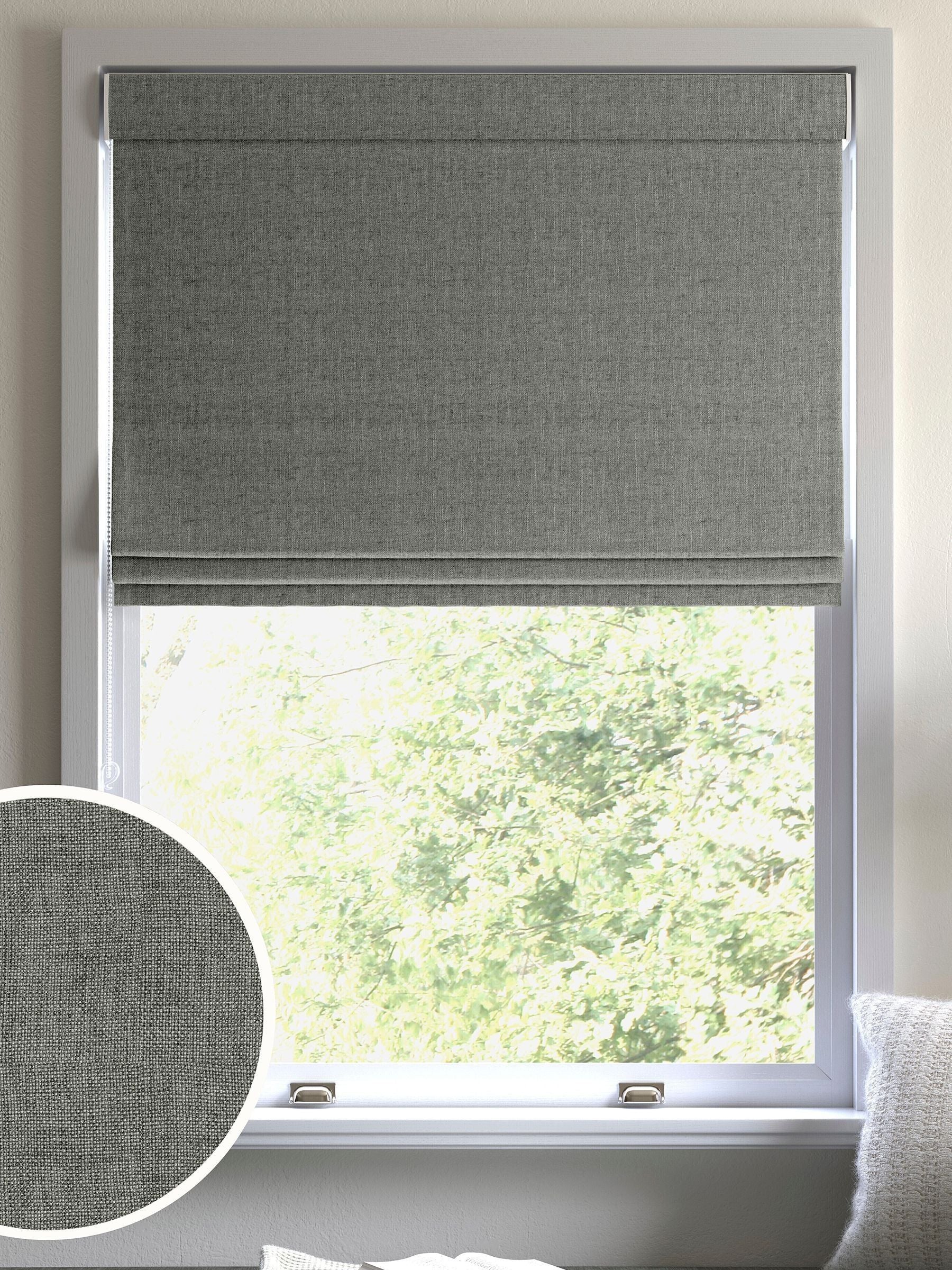 Light grey roman blind with textured pattern - British product