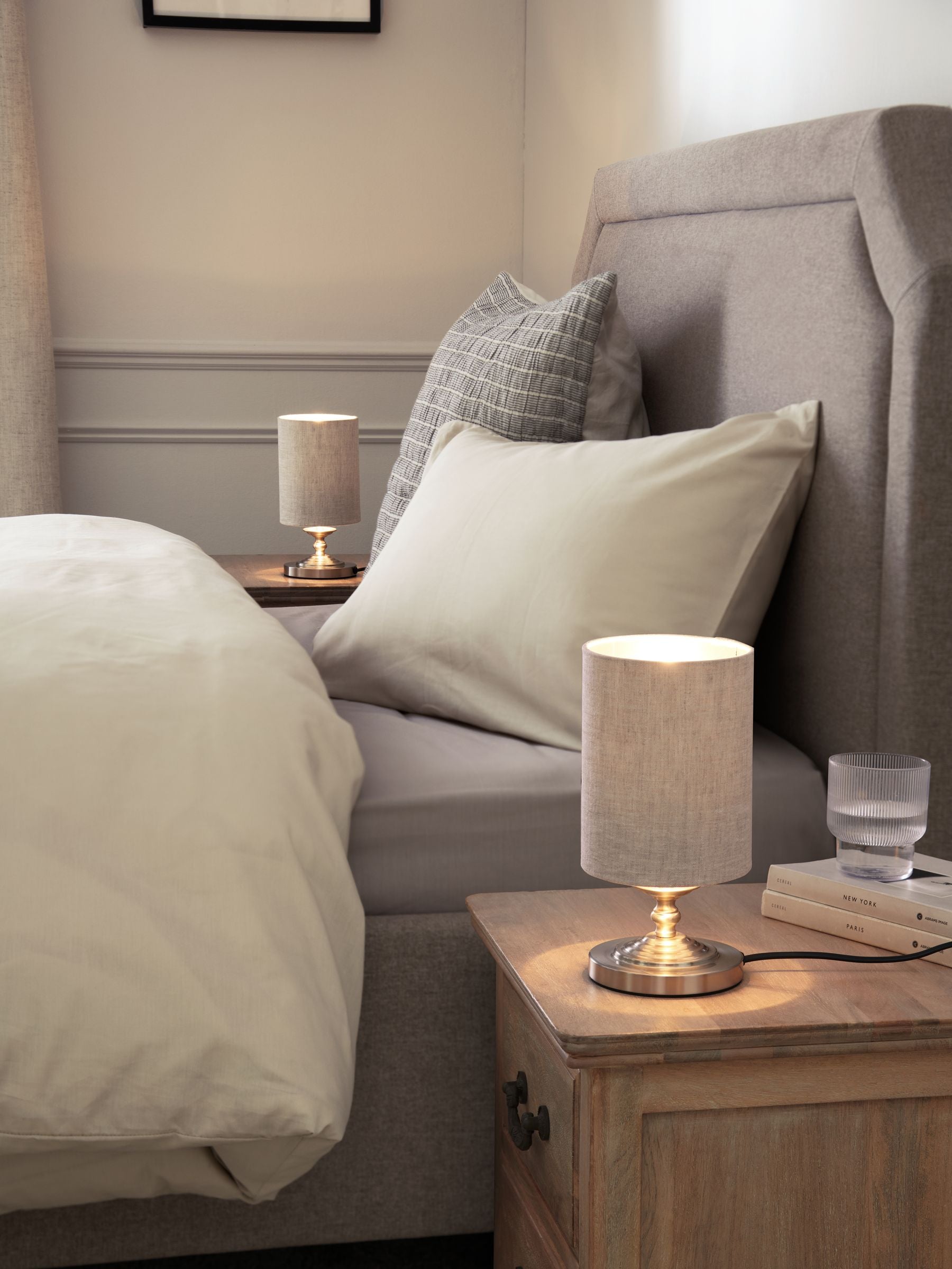 Brushed nickel Burford bedside table lamp with oatmeal shade, UK version