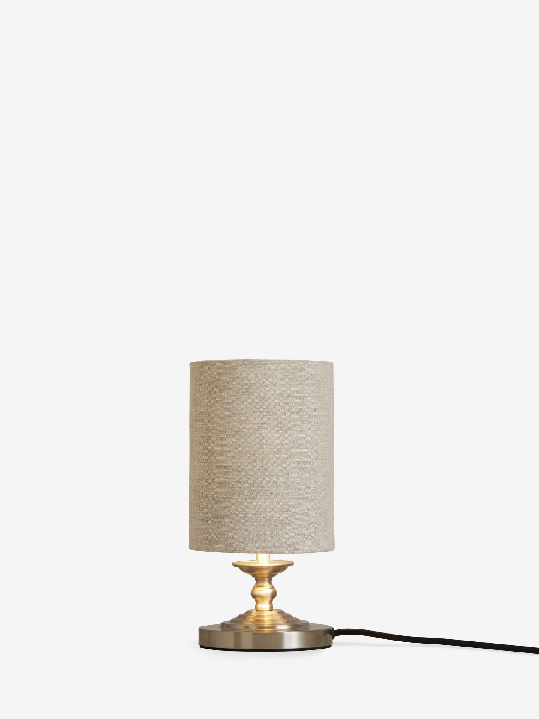Brushed nickel Burford bedside table lamp with oatmeal shade, UK version
