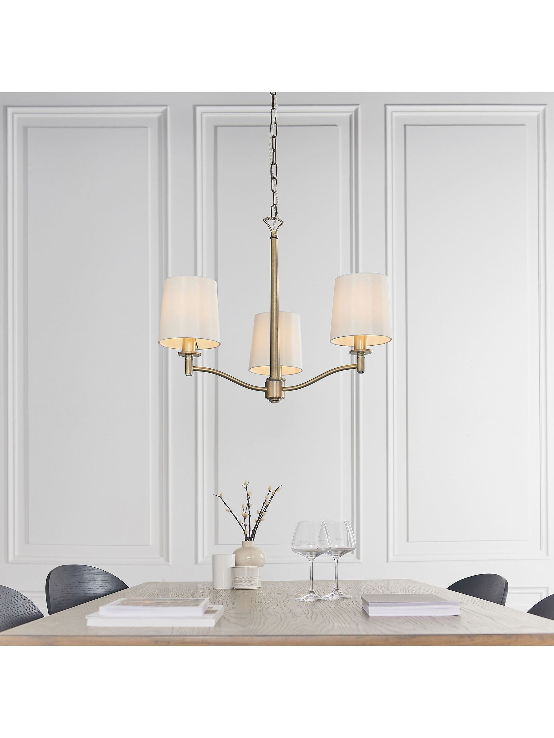 Gallery Home Gold Alma 3 bulb ceiling pendant with antique brass and silk shades, imported from the UK