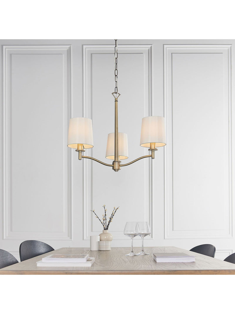 Gallery Home Gold Alma 3 bulb ceiling pendant with antique brass and silk shades, imported from the UK