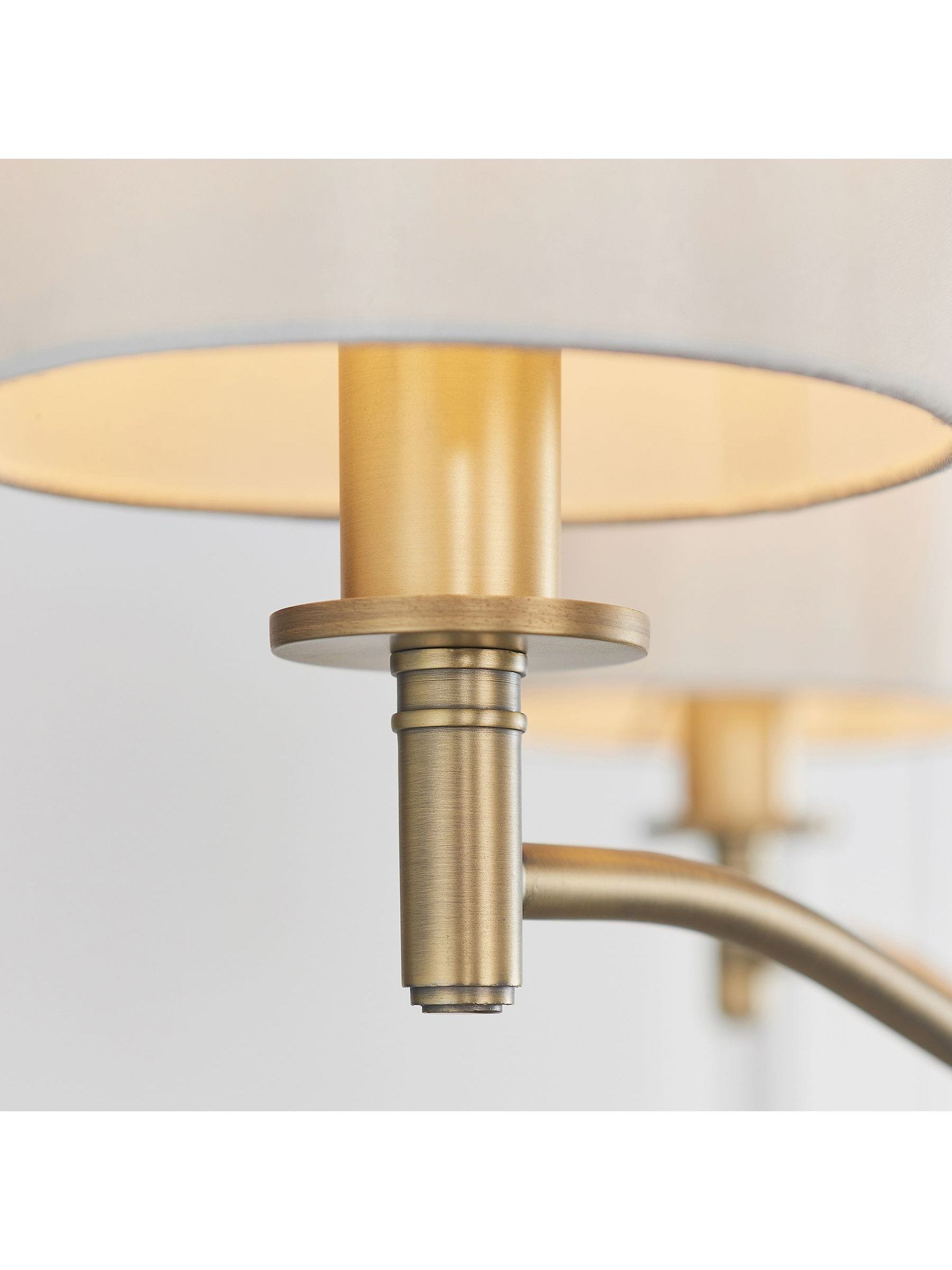 Gallery Home Gold Alma 3 bulb ceiling pendant with antique brass and silk shades, imported from the UK