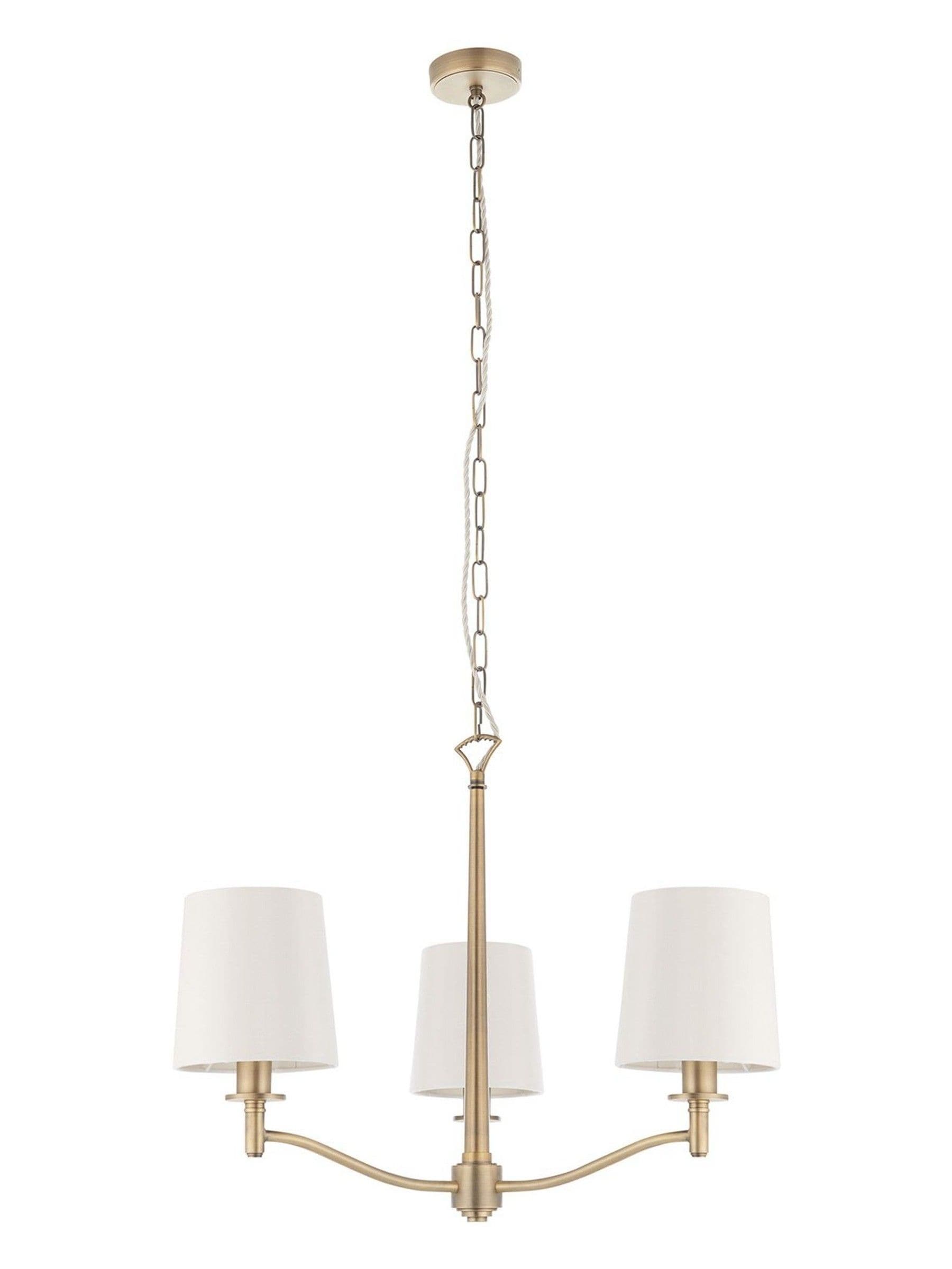 Gallery Home Gold Alma 3 bulb ceiling pendant with antique brass and silk shades, imported from the UK