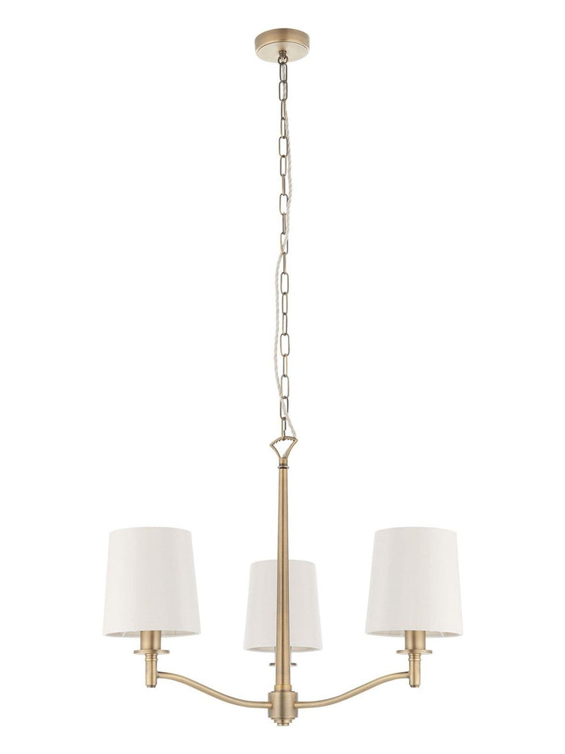Gallery Home Gold Alma 3 bulb ceiling pendant with antique brass and silk shades, imported from the UK