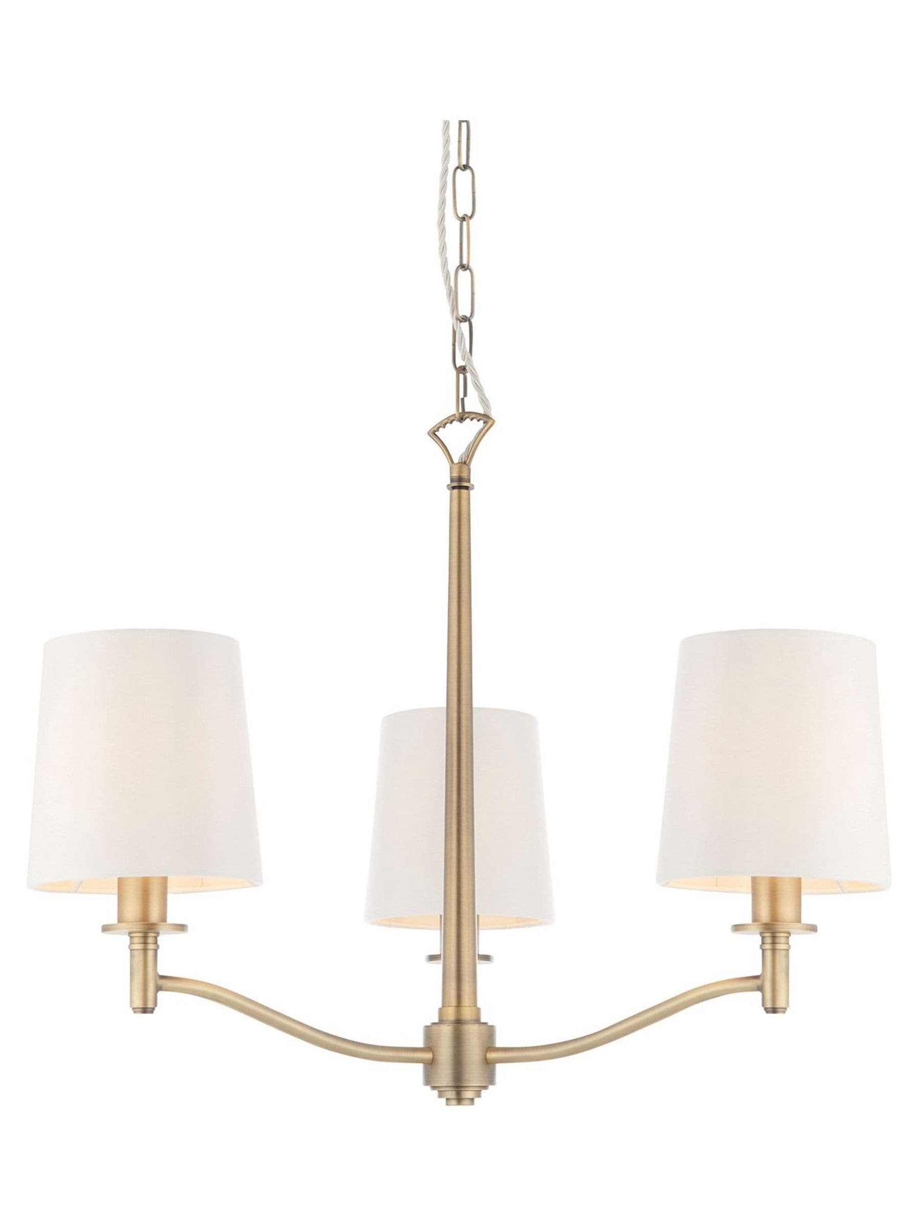 Gallery Home Gold Alma 3 bulb ceiling pendant with antique brass and silk shades, imported from the UK