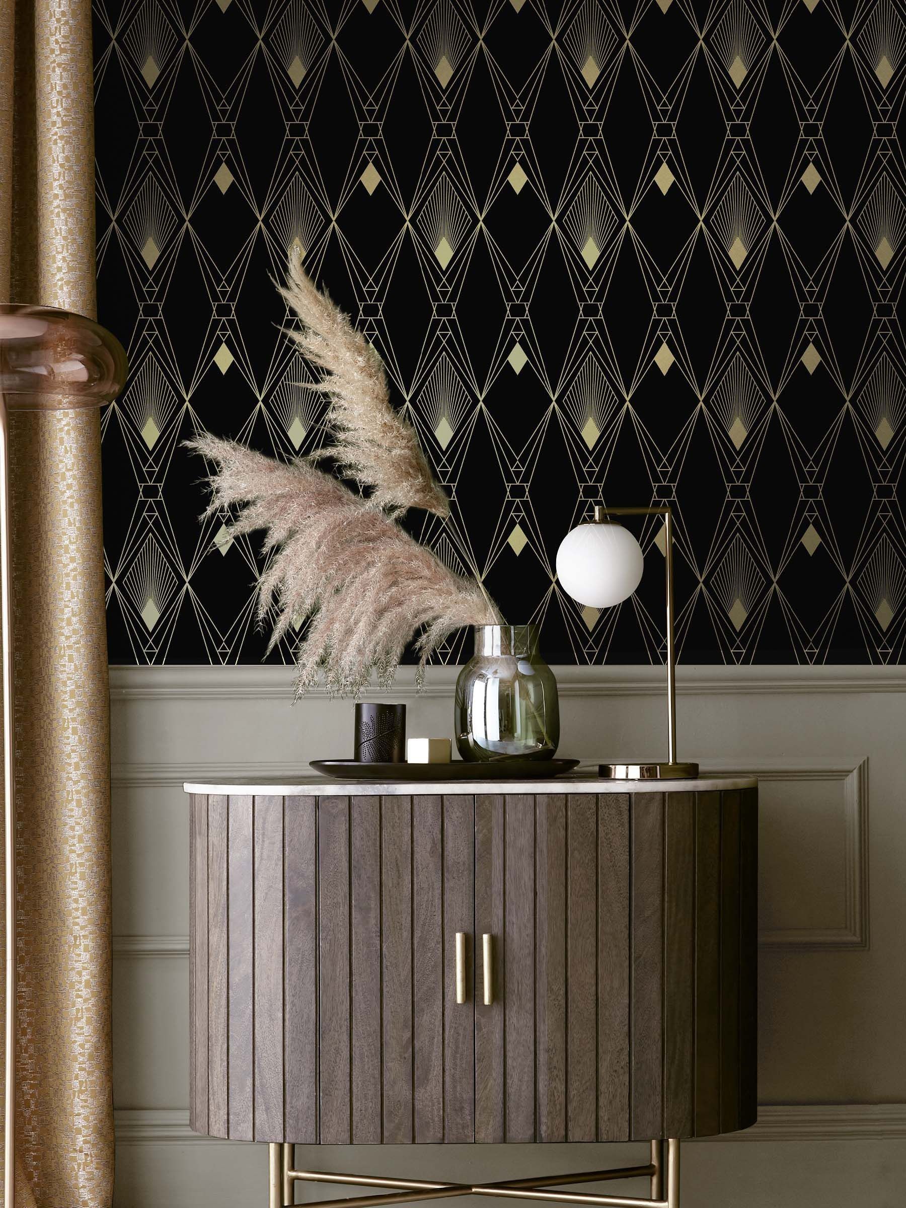 Black deco geometric wallpaper sample A4, imported from the UK