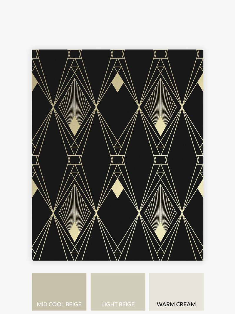 Black deco geometric wallpaper sample A4, imported from the UK