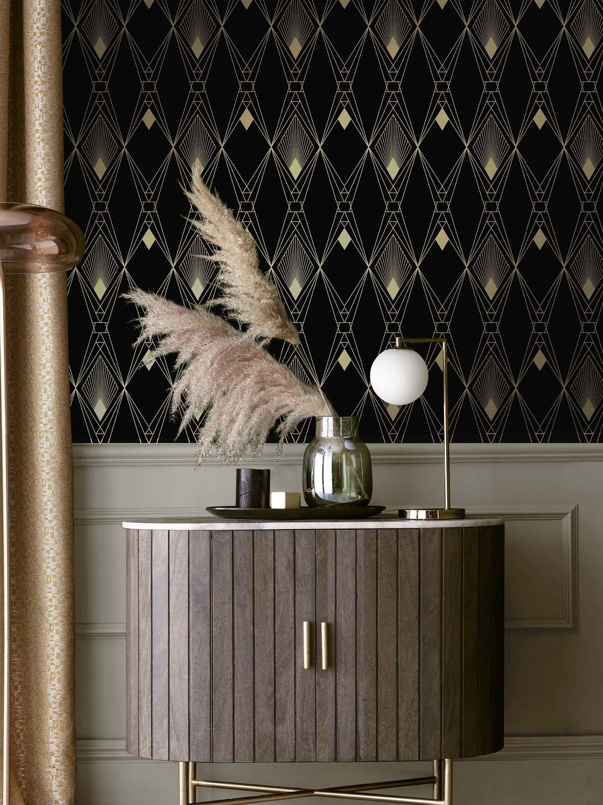 Black deco geometric wallpaper sample A4, imported from the UK