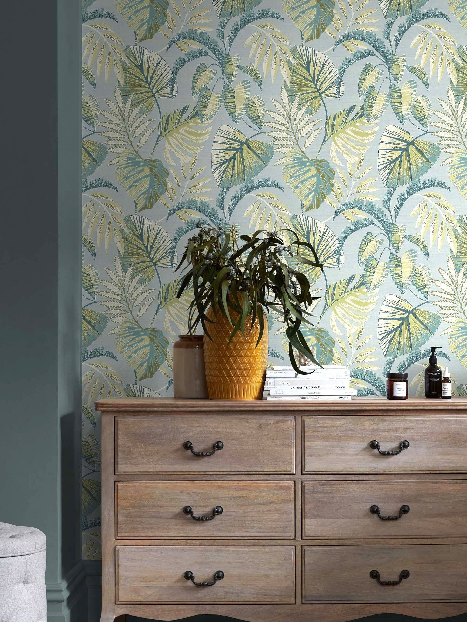Duck egg blue jungle leaves A4 wallpaper sample (British brand)