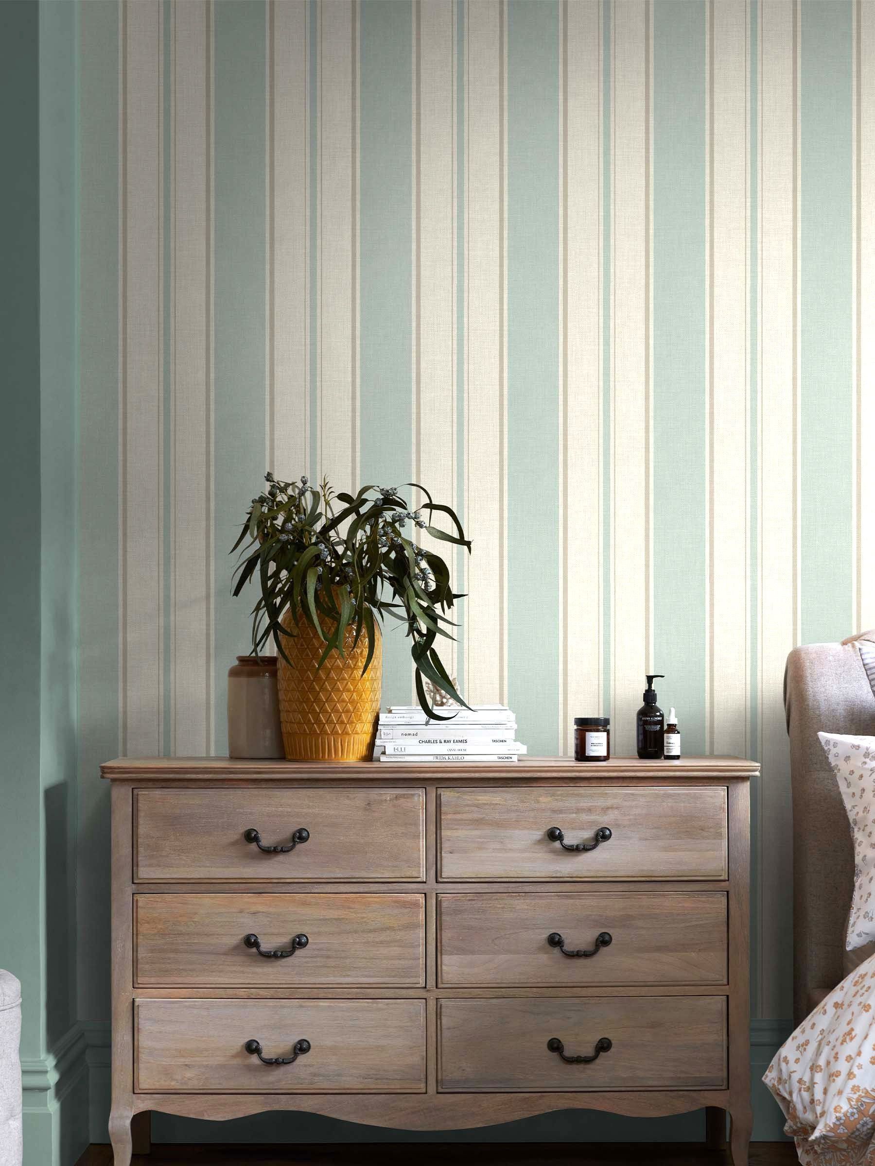 Bold Country Stripe wallpaper sample duck egg A4, imported from the UK