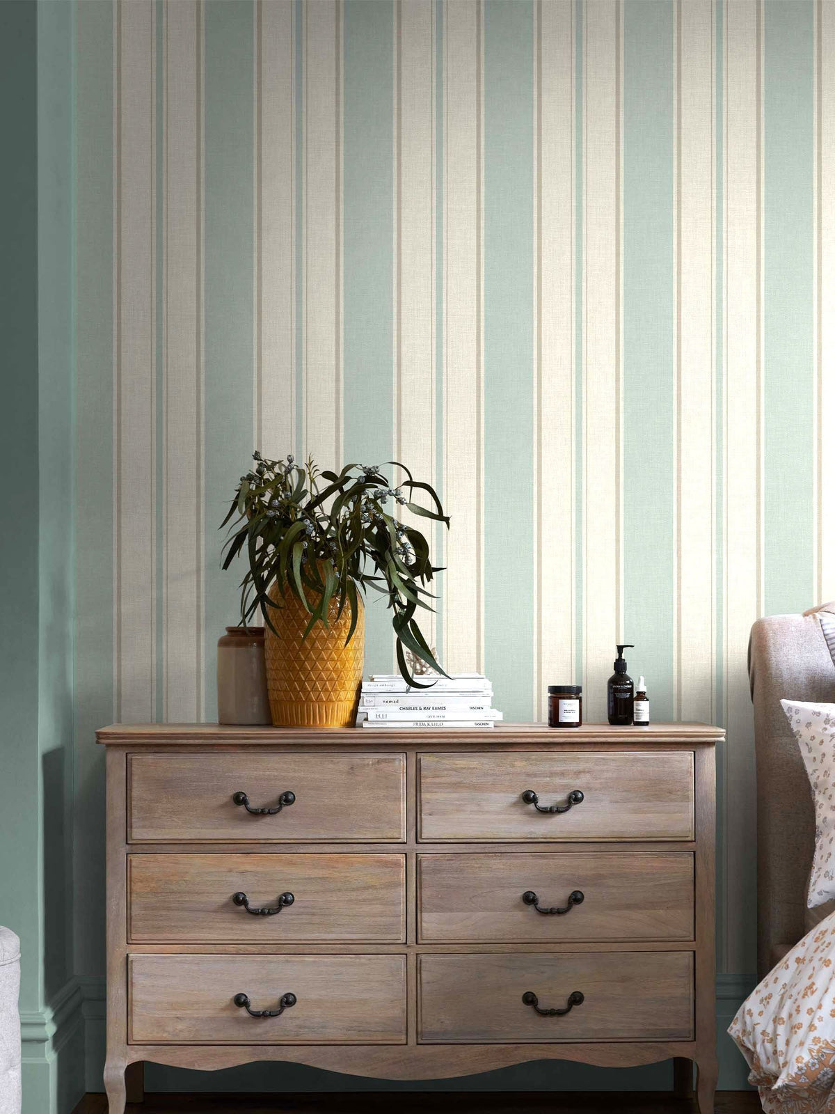 Bold Country Stripe wallpaper sample duck egg A4, imported from the UK