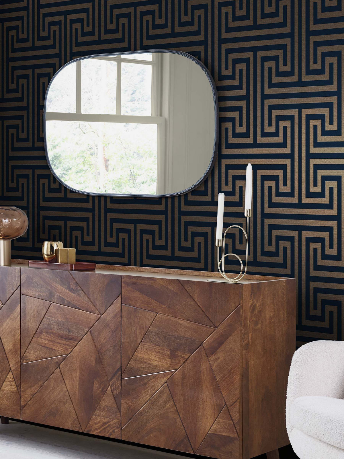 Navy Chic Geometric Fretwork A4 wallpaper sample, imported from the UK