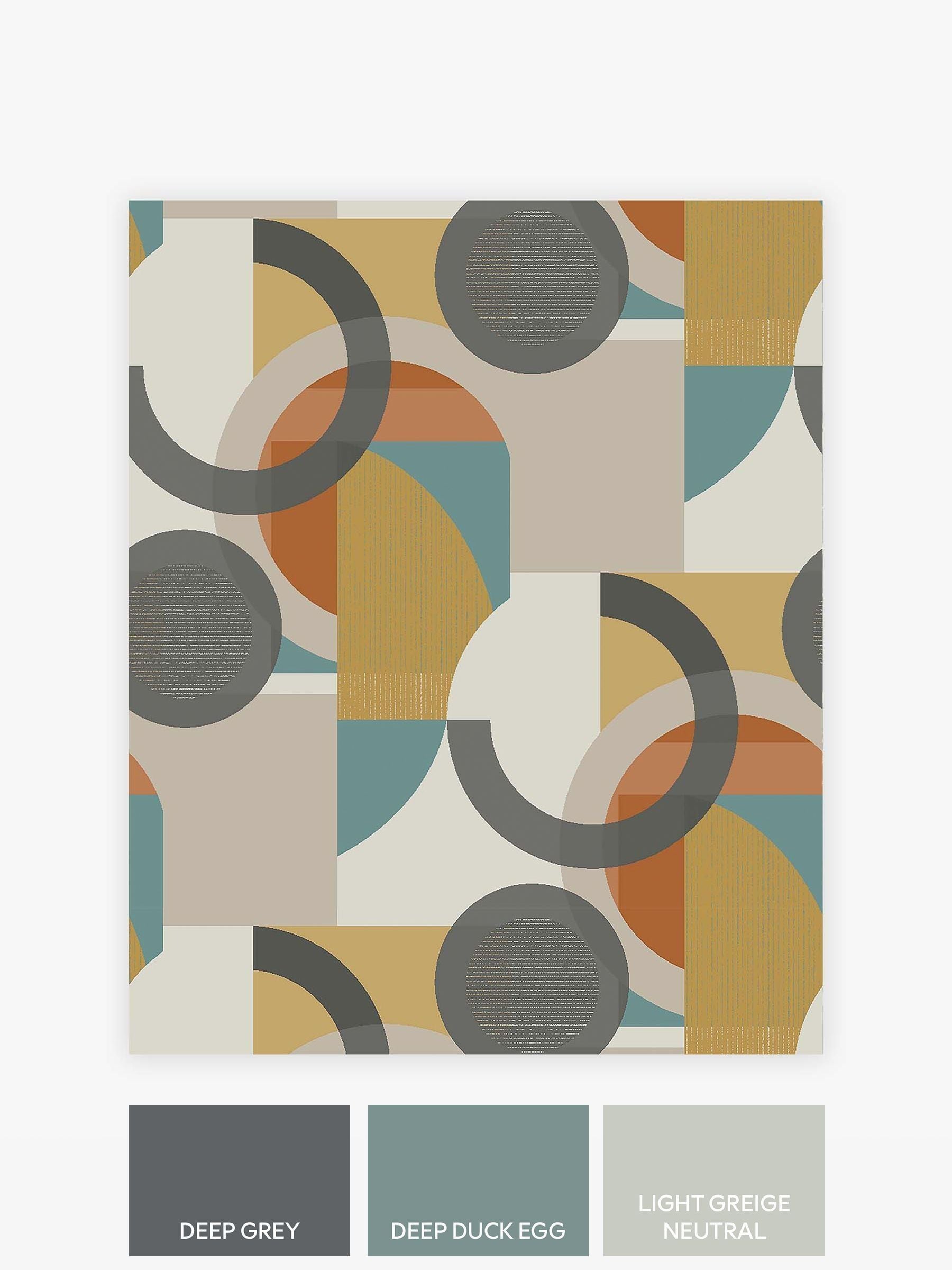 Retro Geometric wallpaper sample A4 in orange teal and yellow, imported from the UK