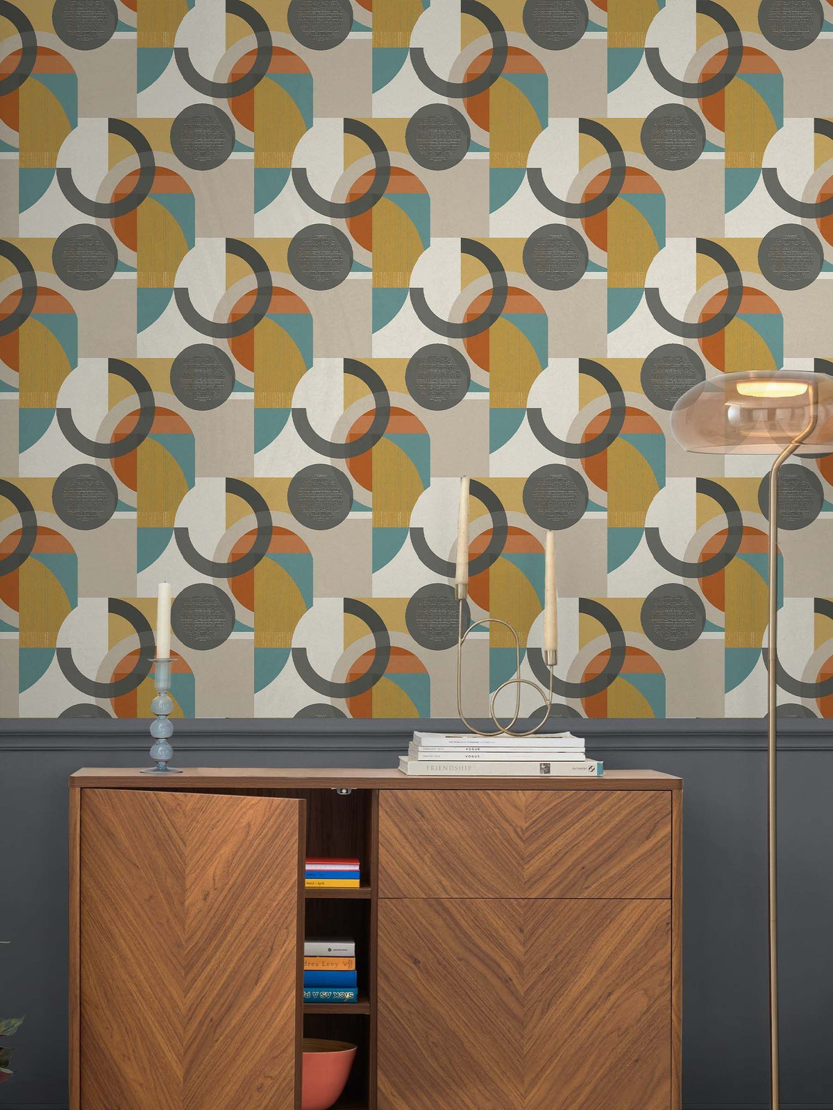 Retro Geometric wallpaper sample A4 in orange teal and yellow, imported from the UK
