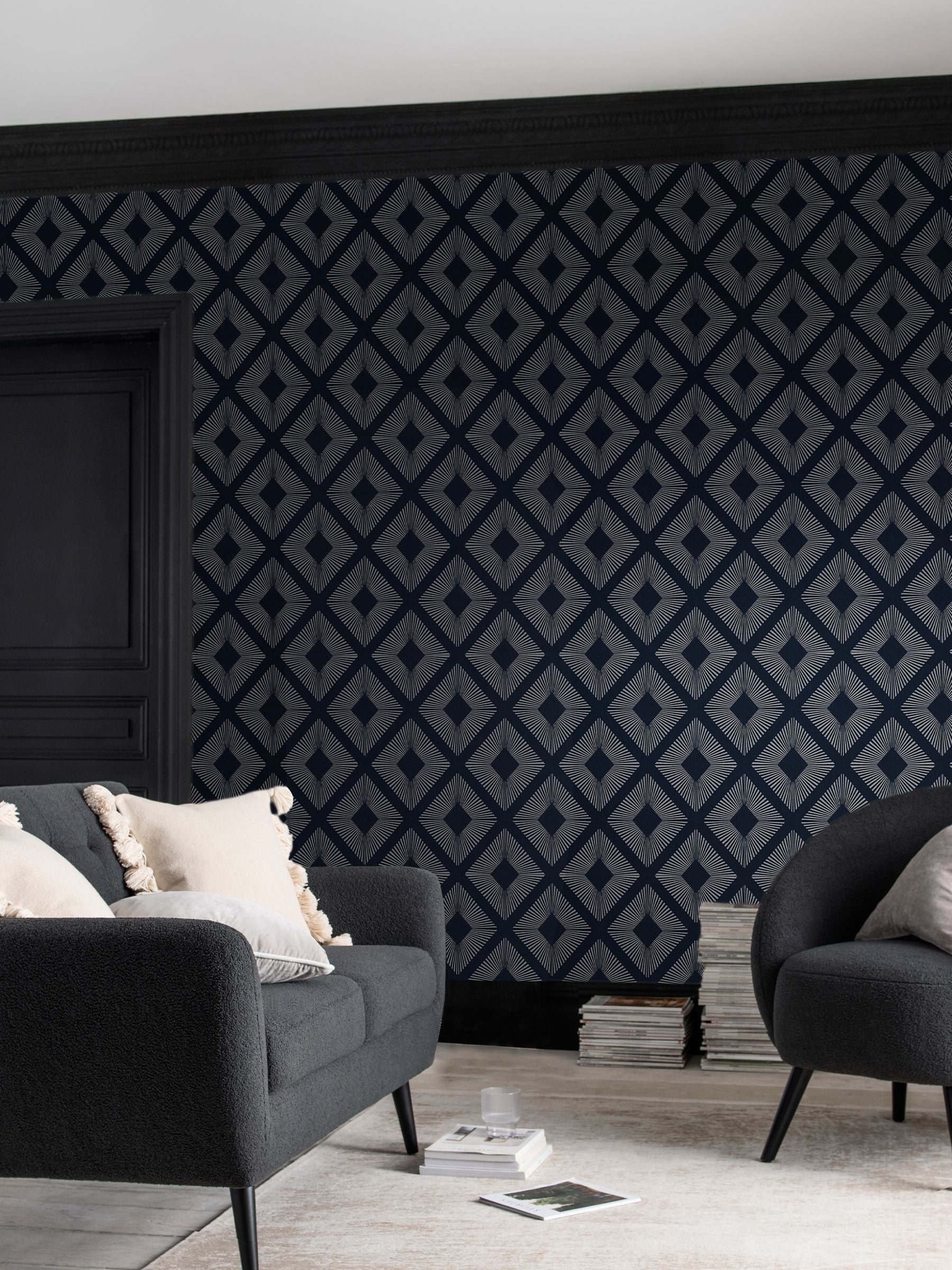 Navy Chic geometric diamond wallpaper sample A4, UK version