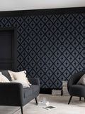 Navy Chic geometric diamond wallpaper sample A4, UK version