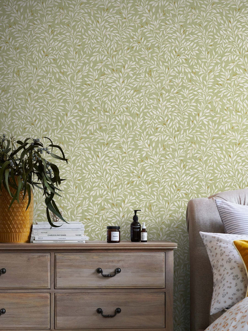 Green A4 Ditsy leaf wallpaper sample in sage green (British brand)