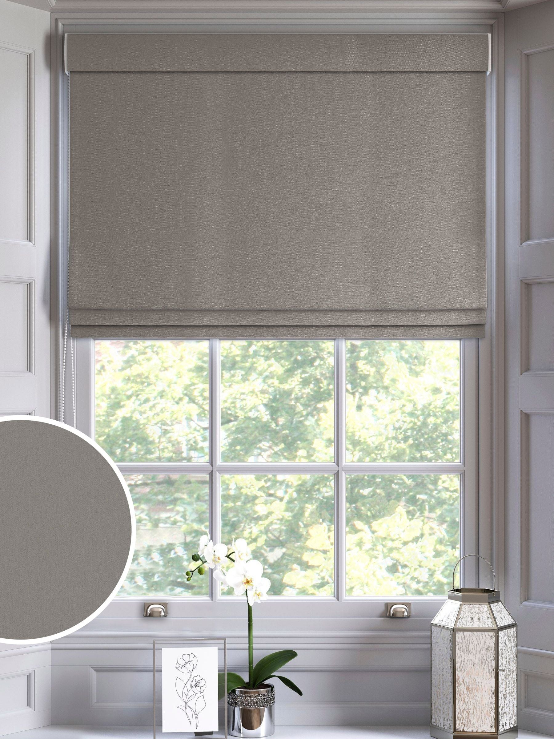 Natural Dove Velvet Roman blind in light grey, imported from the UK