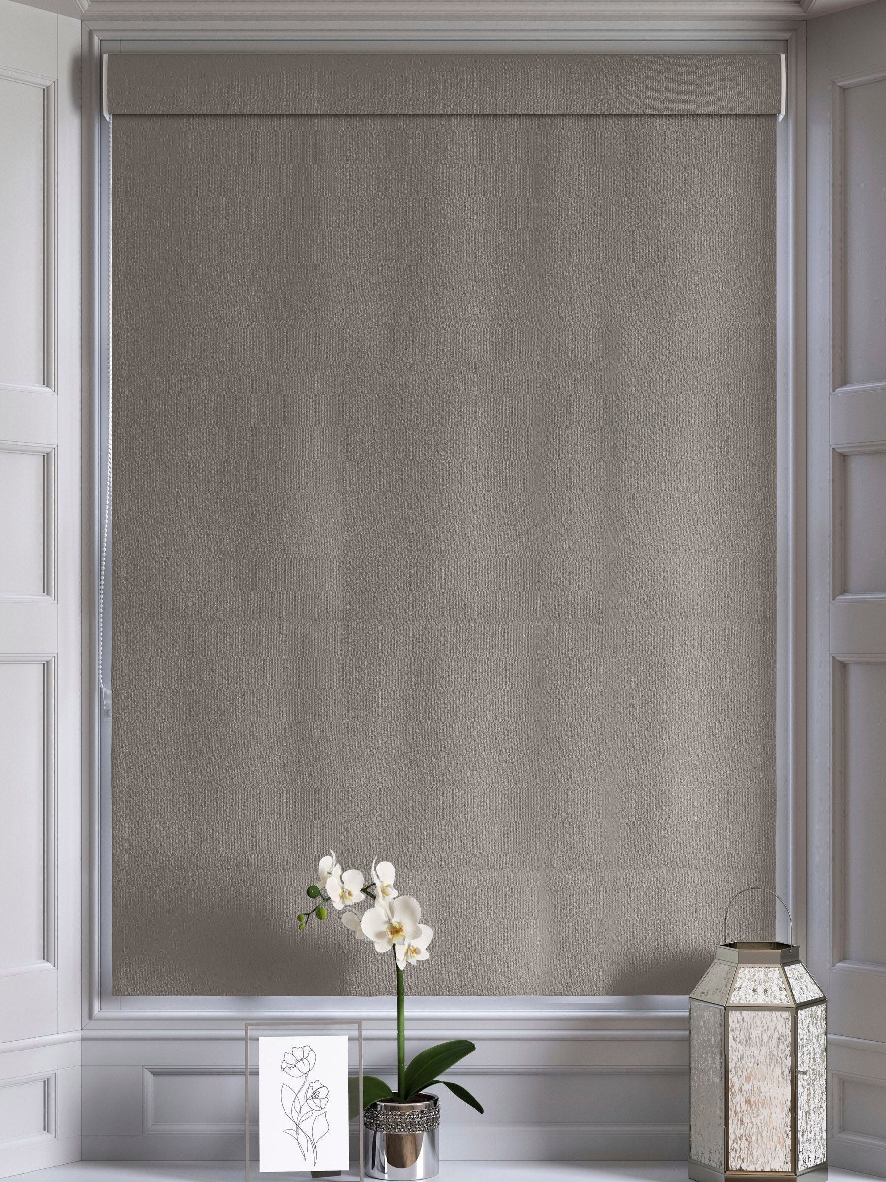 Natural Dove Velvet Roman blind in light grey, imported from the UK