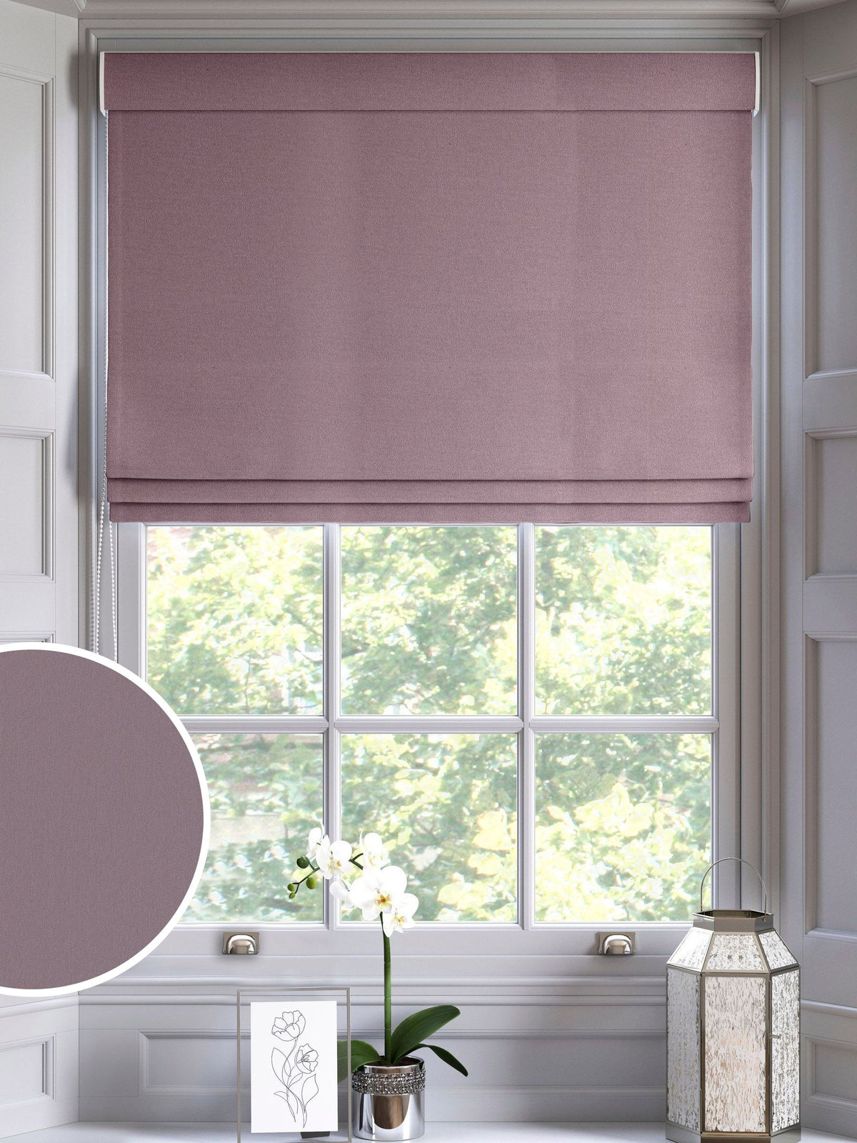 Montero mauve velvet roman blinds, imported from the UK