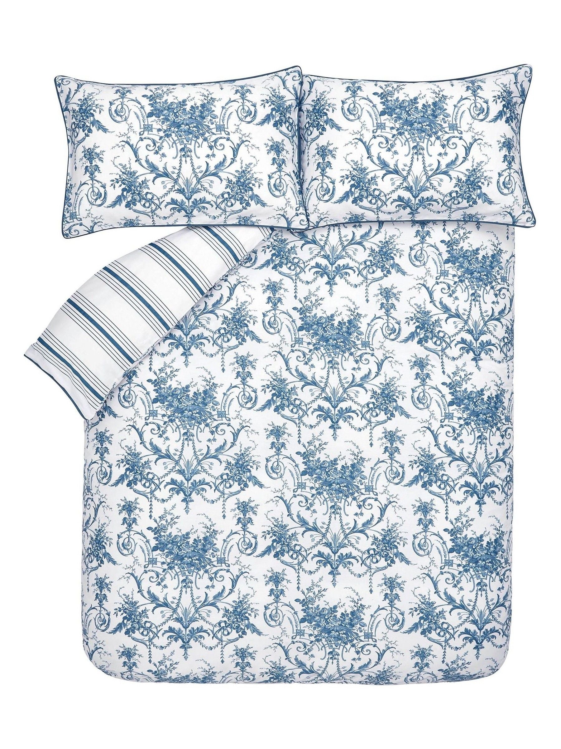 Laura Ashley Blue Midnight Reversible 100% Cotton Sateen 200 Thread Count Tuileries Duvet Cover and Pillowcase Set