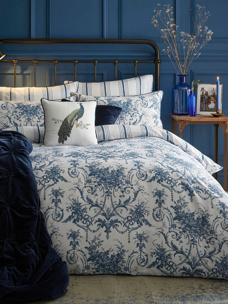 Laura Ashley Blue Midnight Reversible 100% Cotton Sateen 200 Thread Count Tuileries Duvet Cover and Pillowcase Set