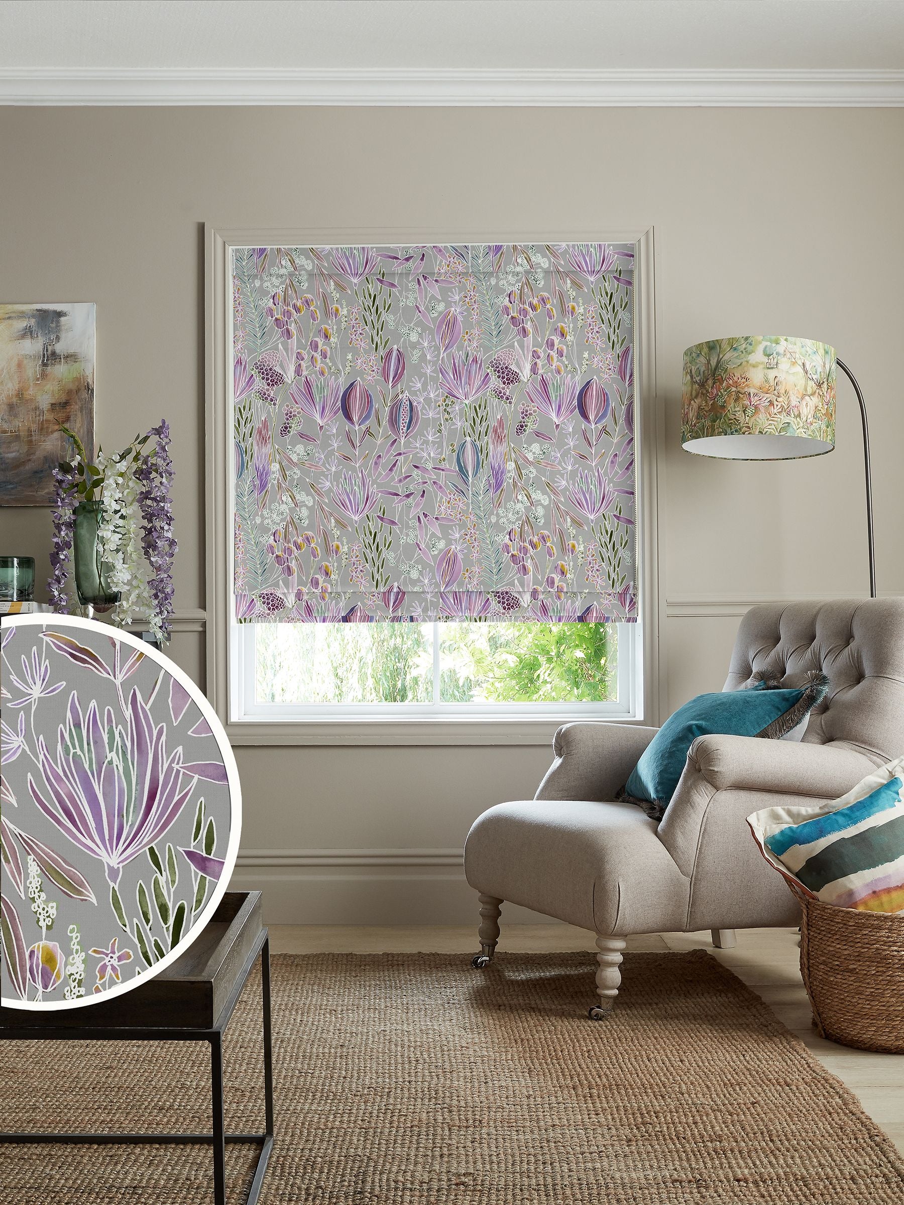 Voyage roman blind Dahlia Grey Masina, imported from the UK