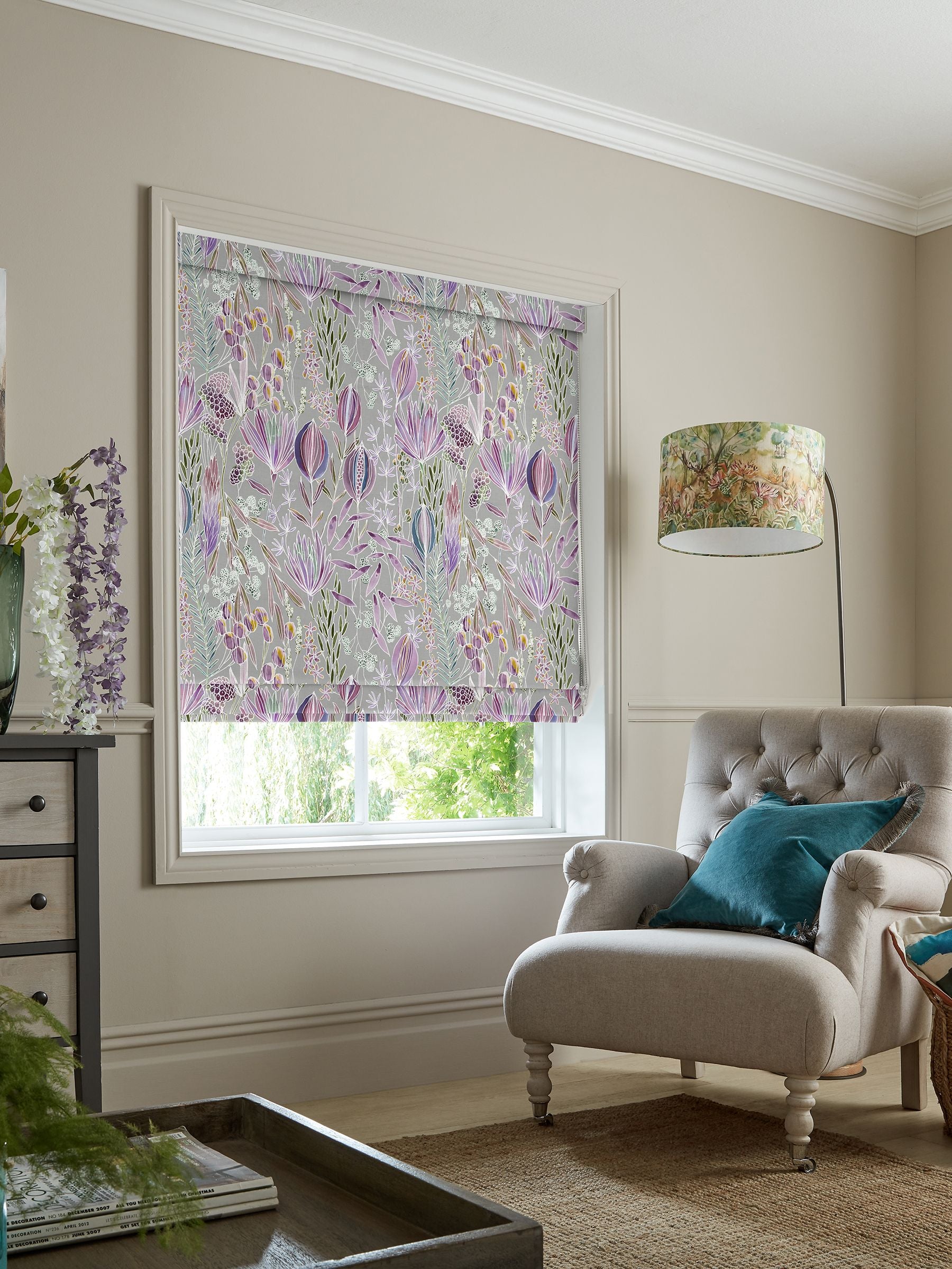 Voyage roman blind Dahlia Grey Masina, imported from the UK