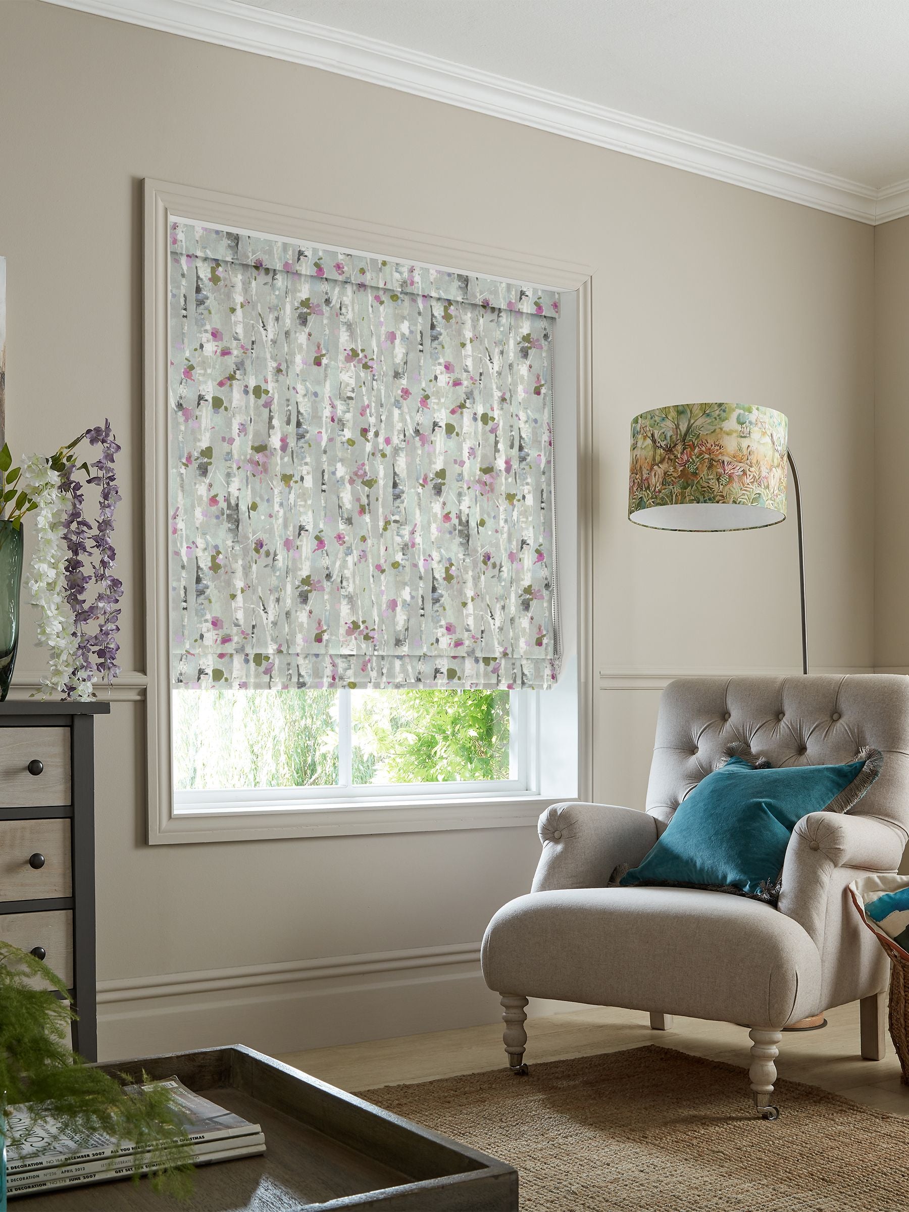 Voyage Peony Purple Hoppa roman blind, UK version