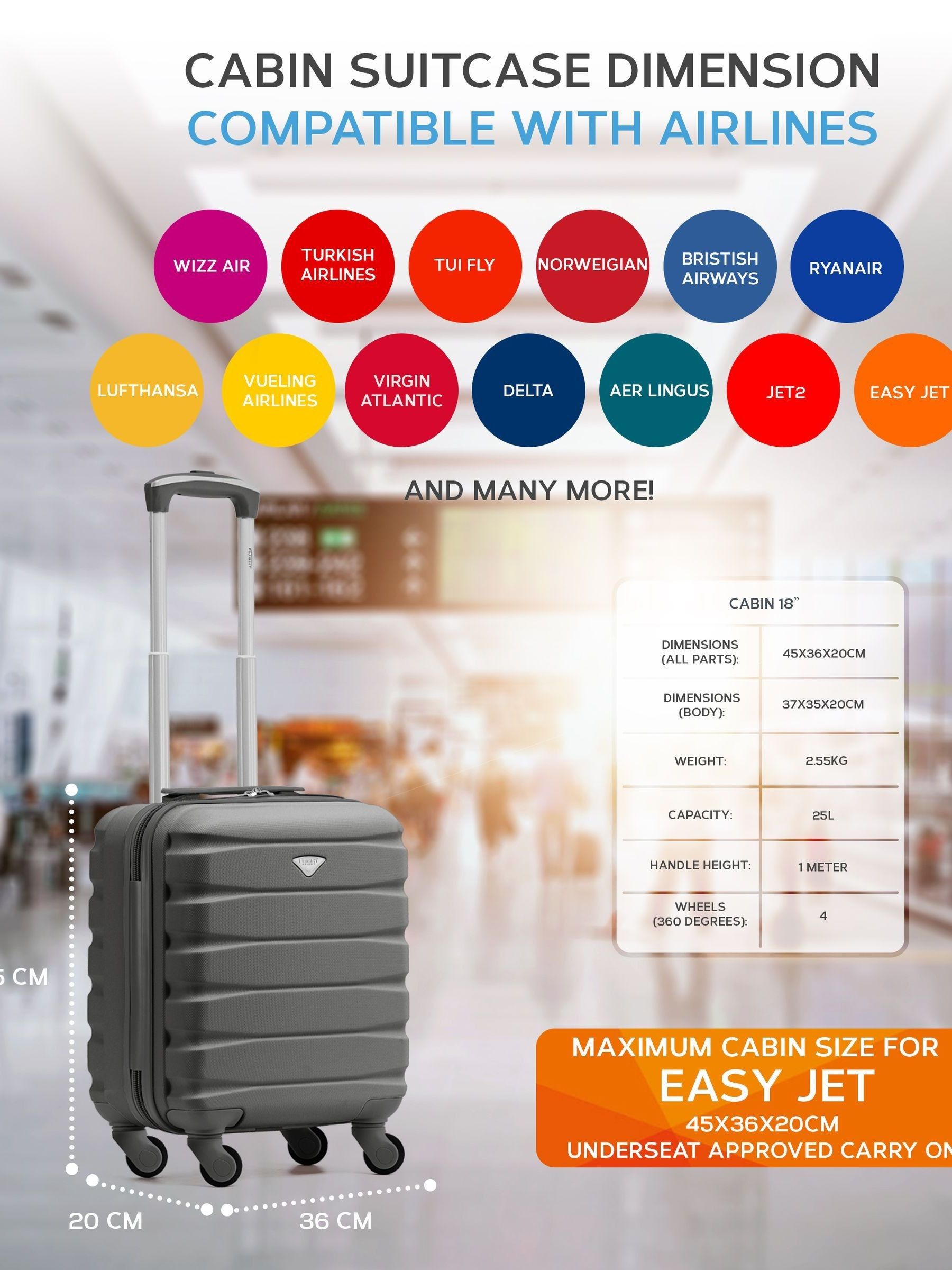 Flight Knight charcoal cabin suitcase set 45x36x20cm (British brand)