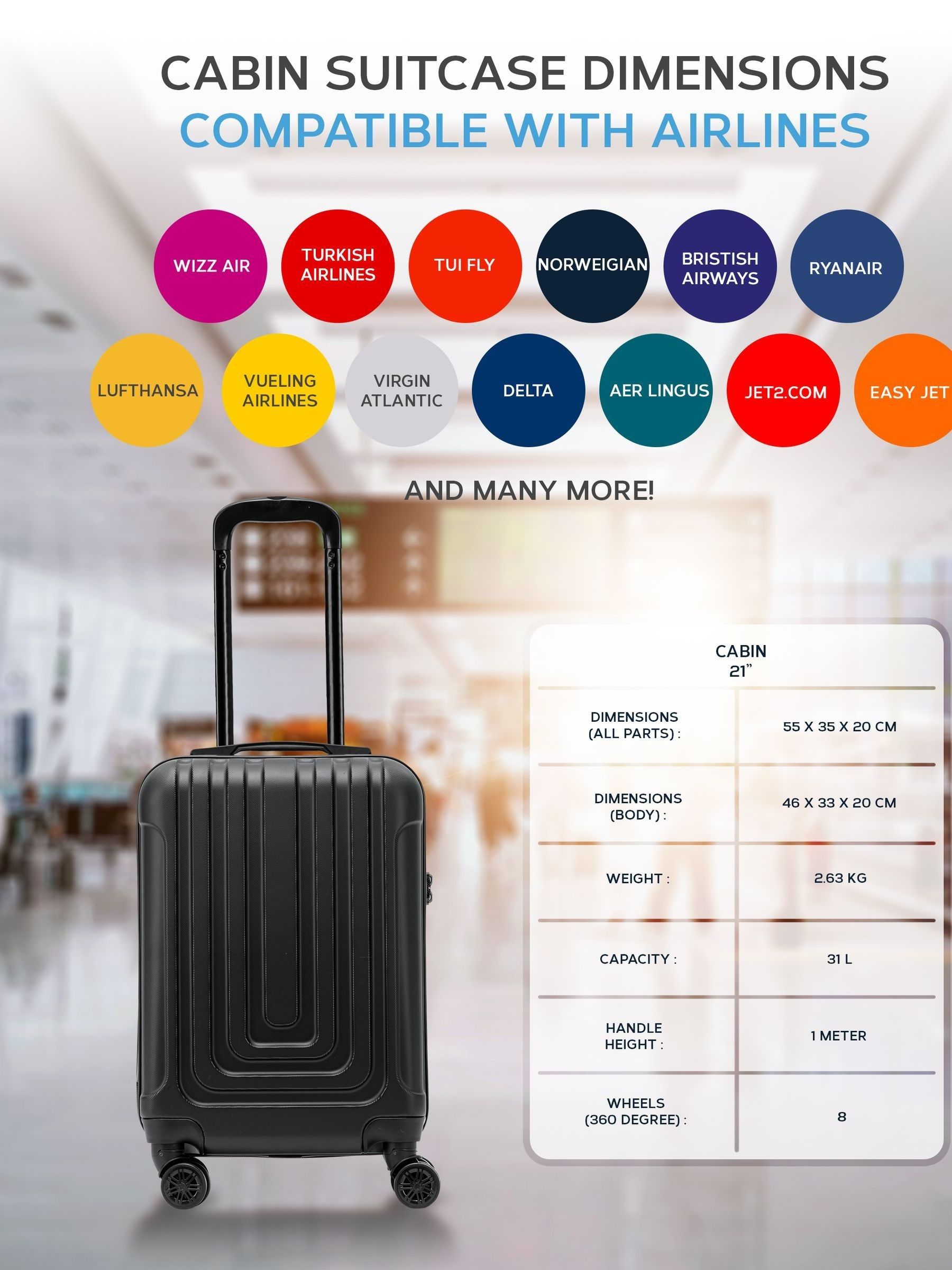 Flight Knight black anthracite hard shell cabin suitcase set 55x35x20cm - British product