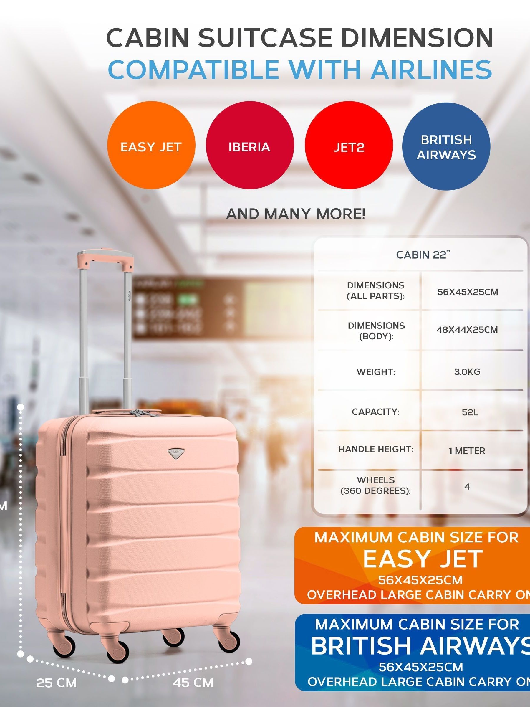 Flight Knight cabin suitcase set Rose Gold Burgundy 55x40x20cm- British product